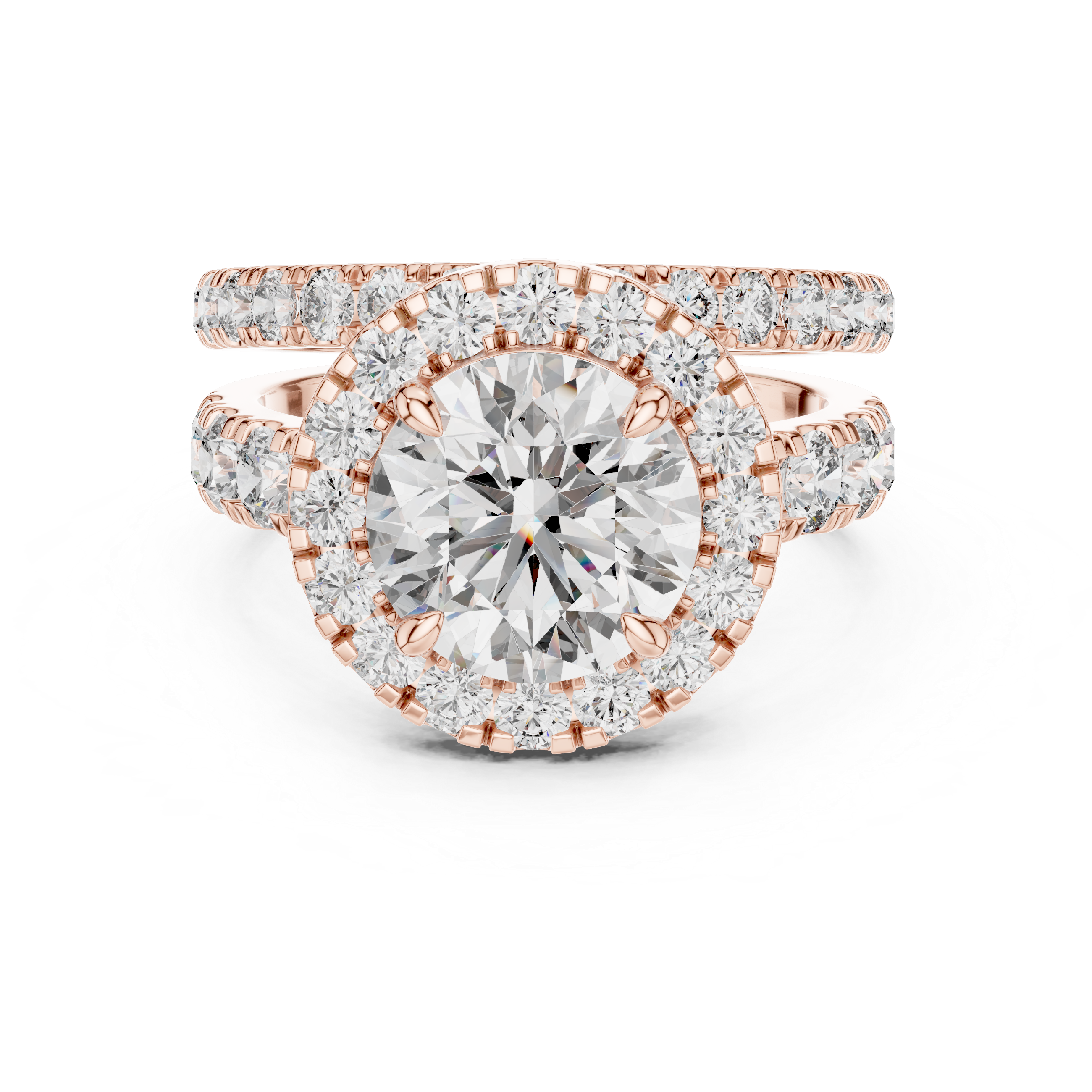 Rose gold diamond ring with a white background