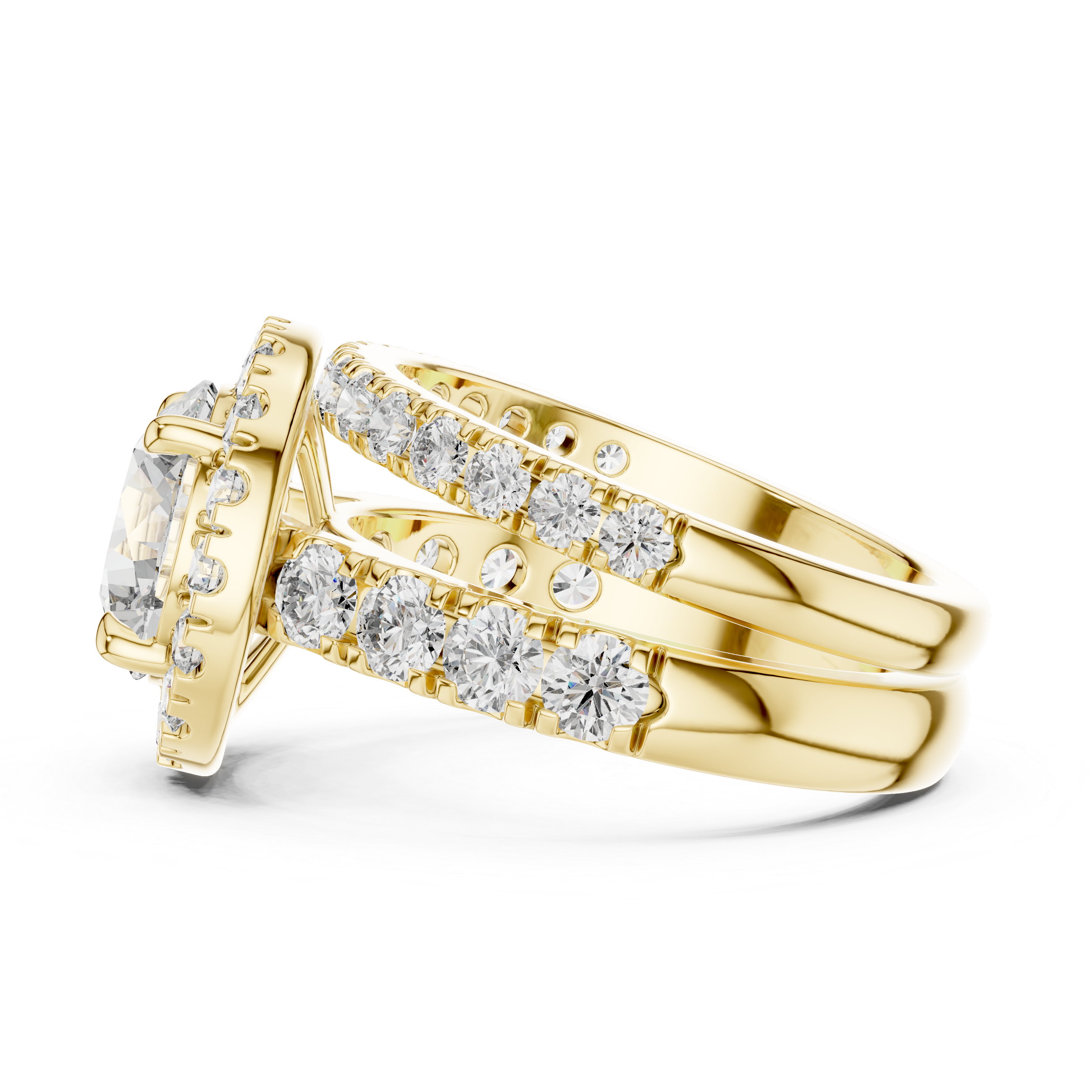 Gold ring with diamond accents on a white background