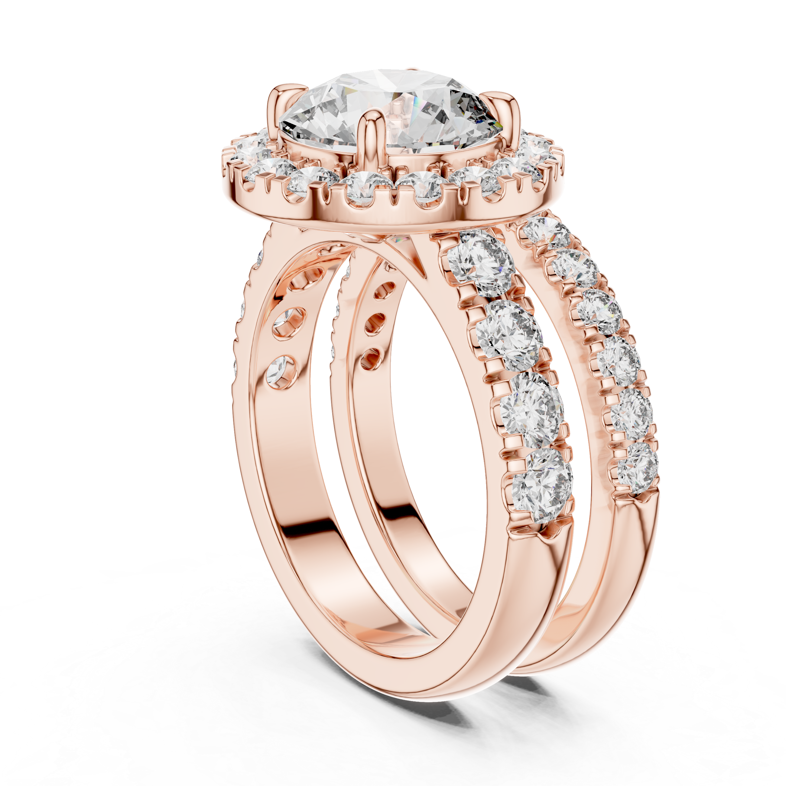 Rose gold ring with diamond accents on a white background