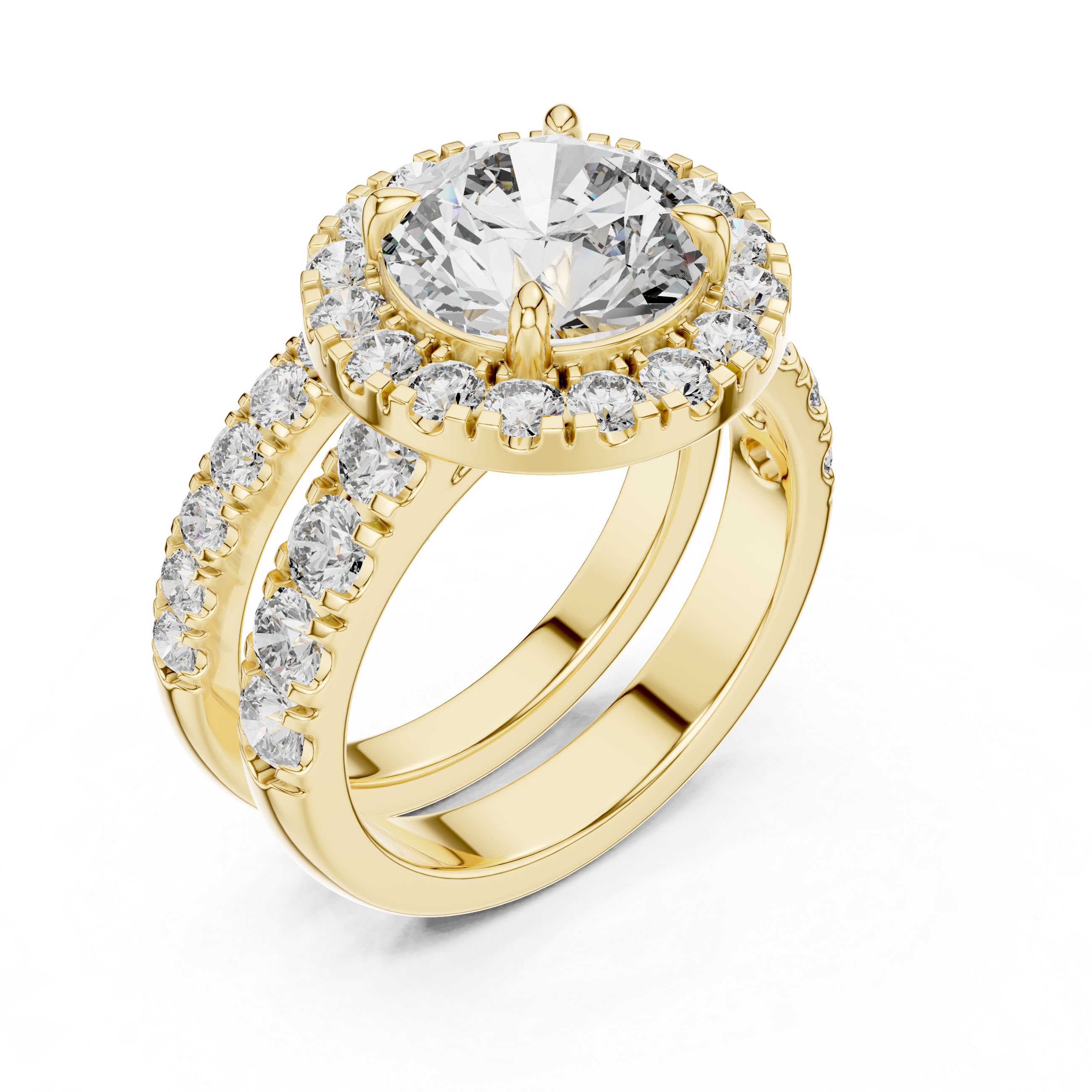 Gold ring with a large central diamond and smaller diamonds around on a white background