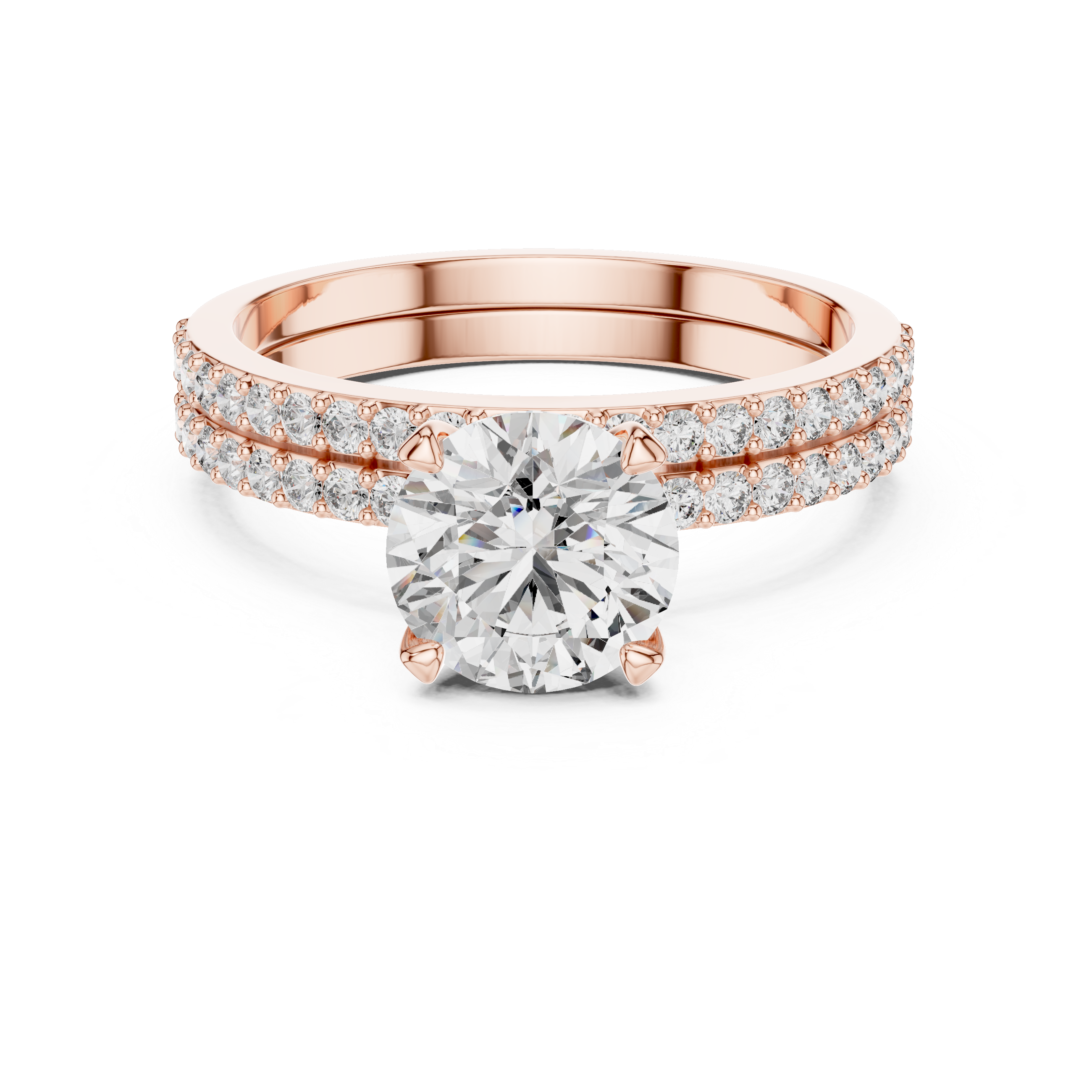 Rose gold ring with a large diamond and smaller diamonds on the band against a white background