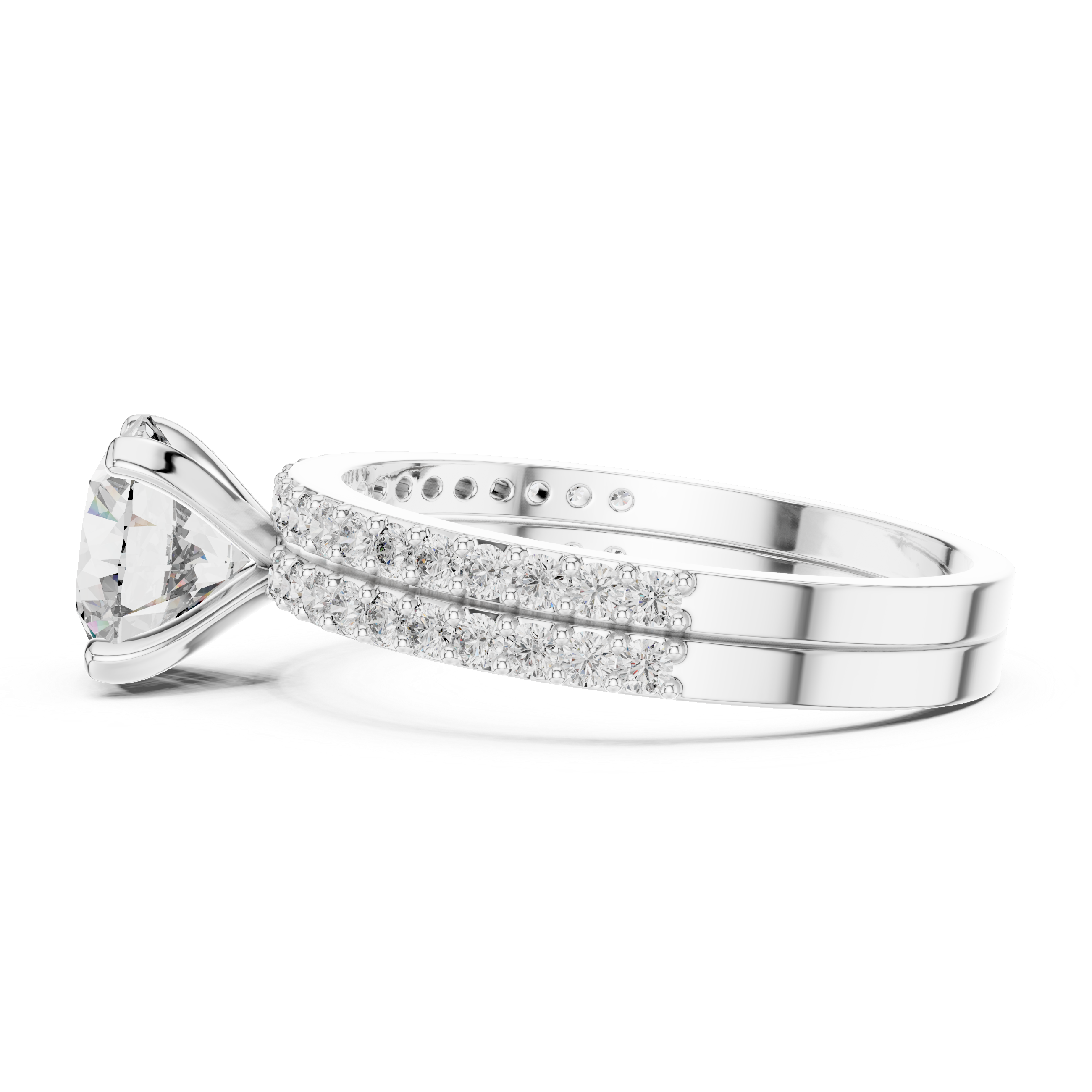 Silver ring with a large diamond and smaller diamonds on the band against a white background