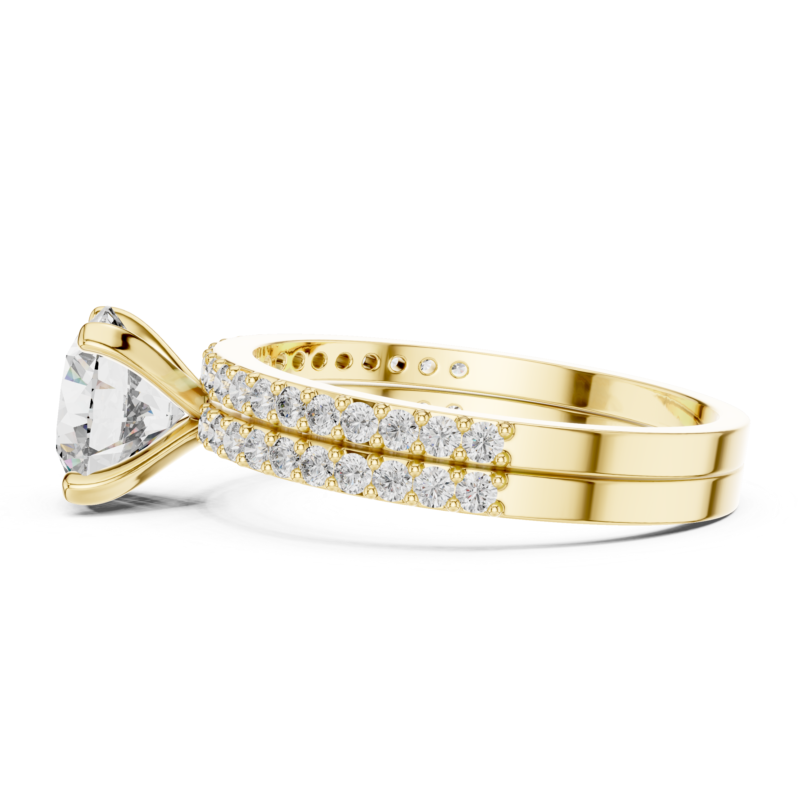 Gold ring with a large diamond and smaller diamonds on a white background