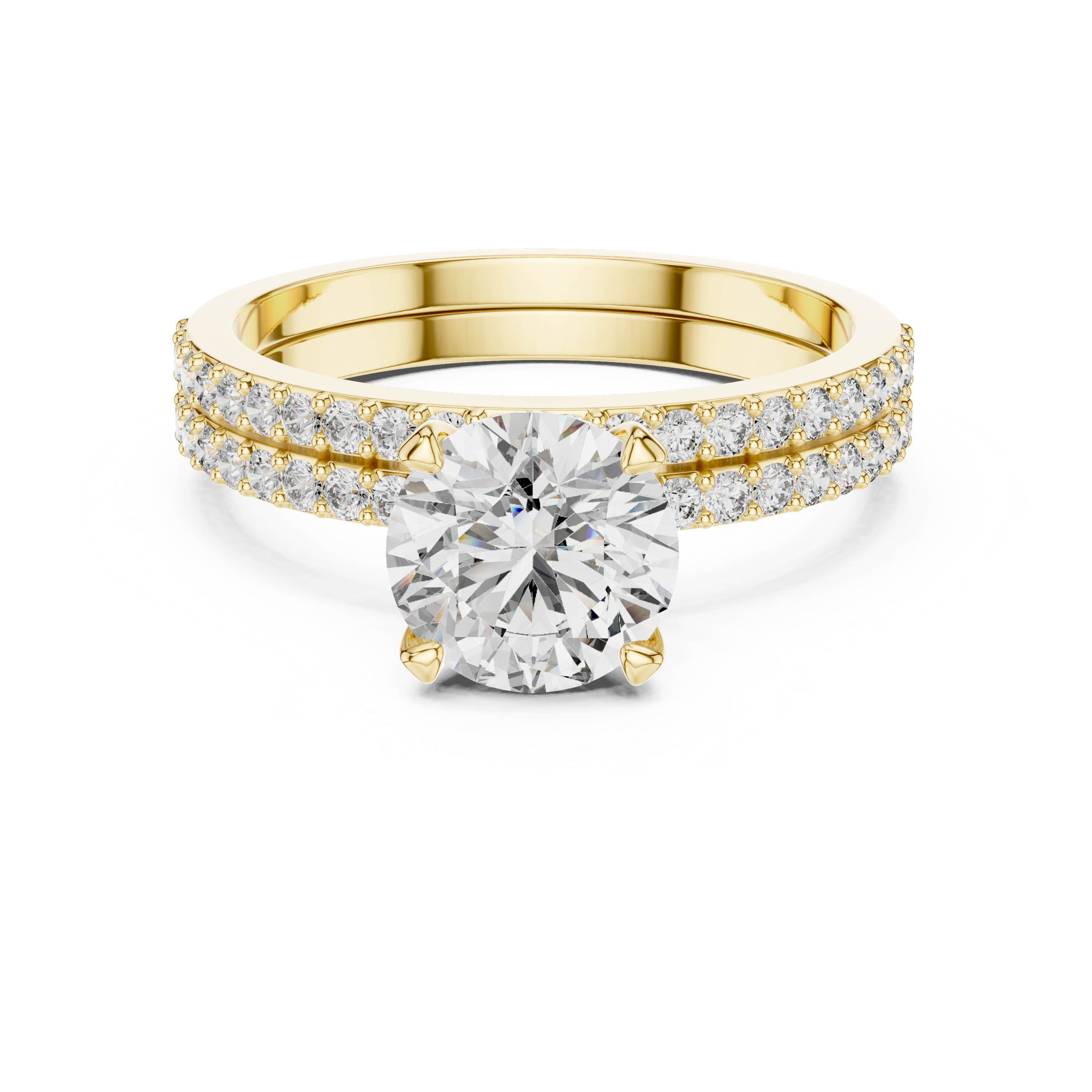 Gold ring with a large diamond and smaller diamonds on the band against a white background