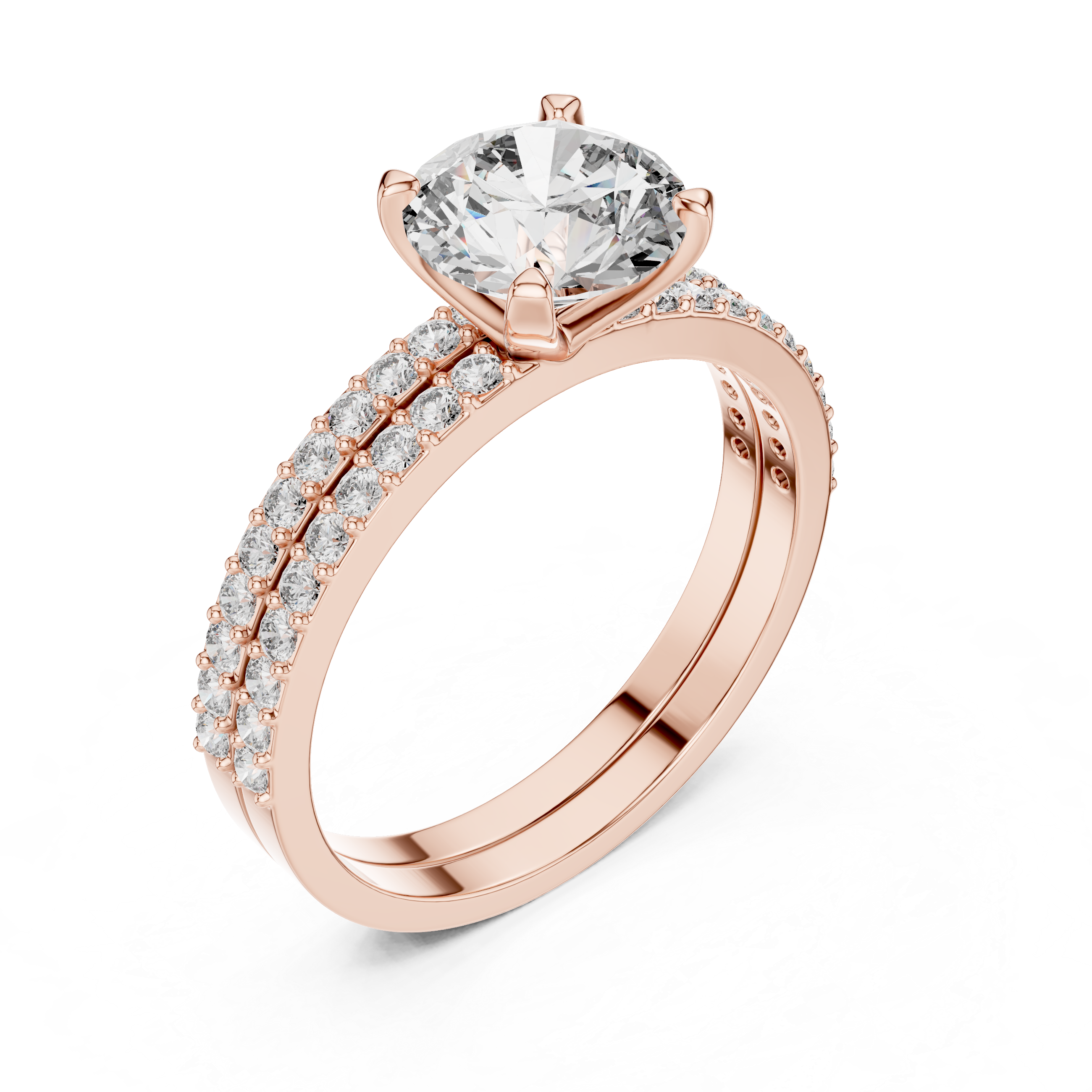 Rose gold ring with a large diamond and smaller diamonds on the band against a white background