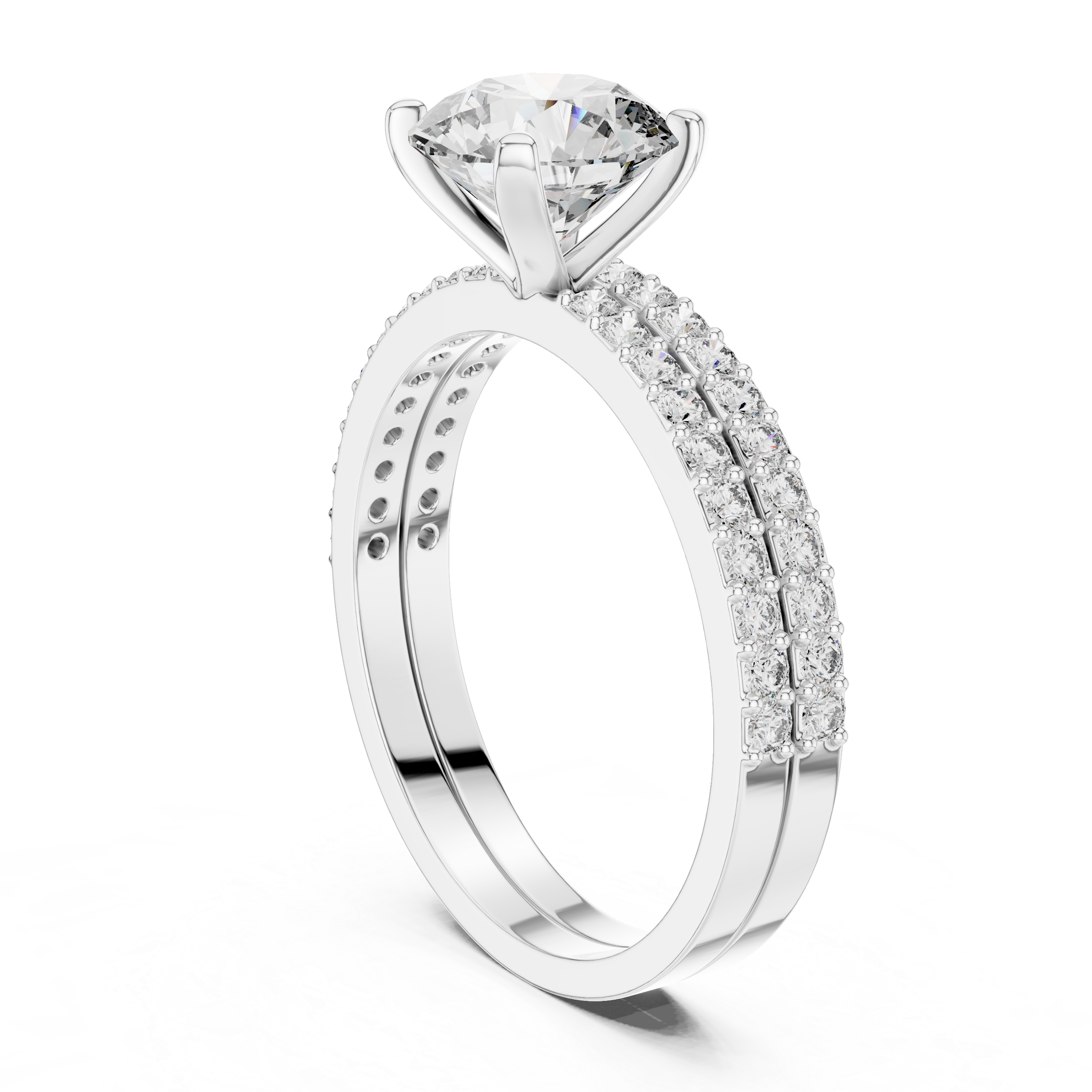 Diamond ring with a white gold band on a white background