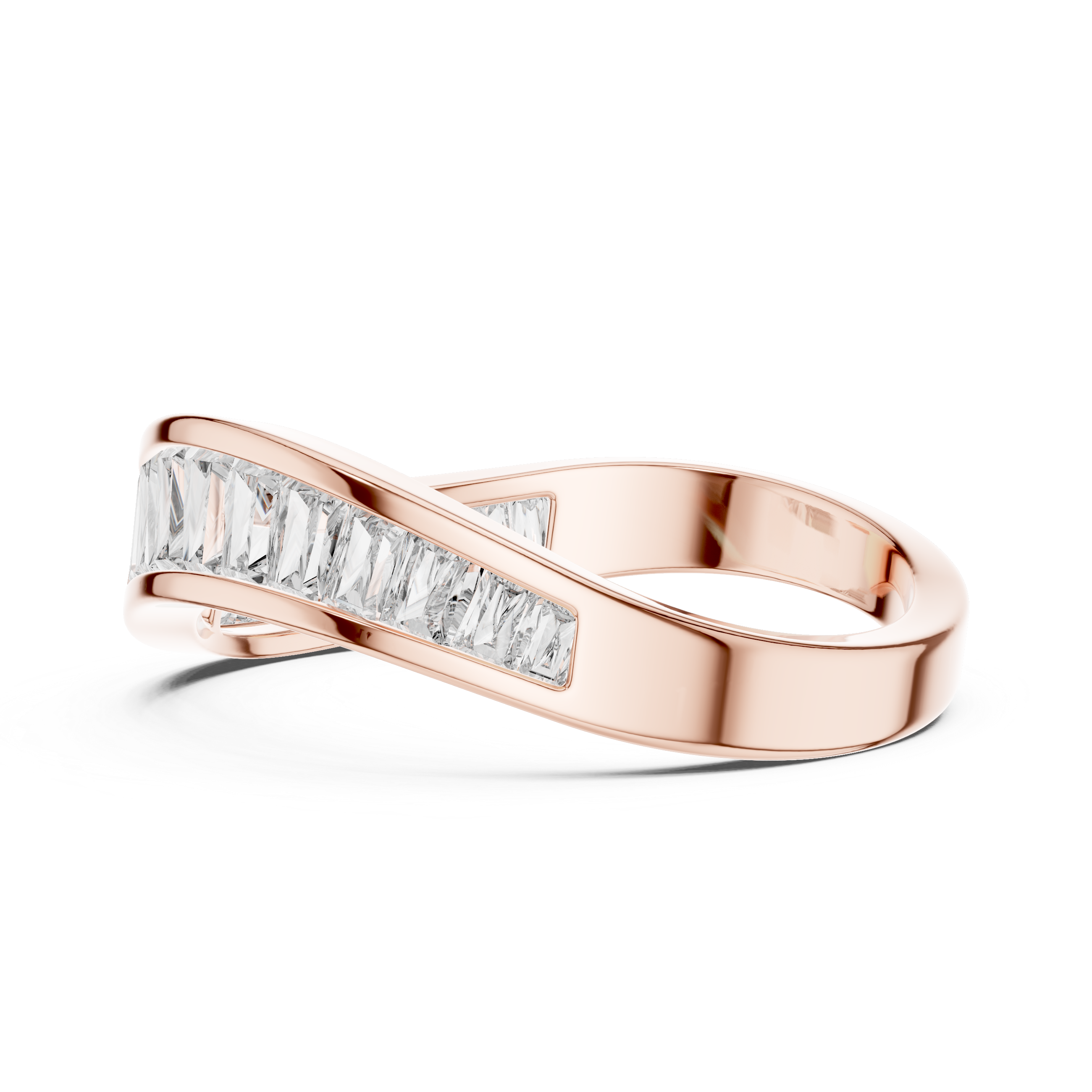 Rose gold ring with diamond accents on a white background