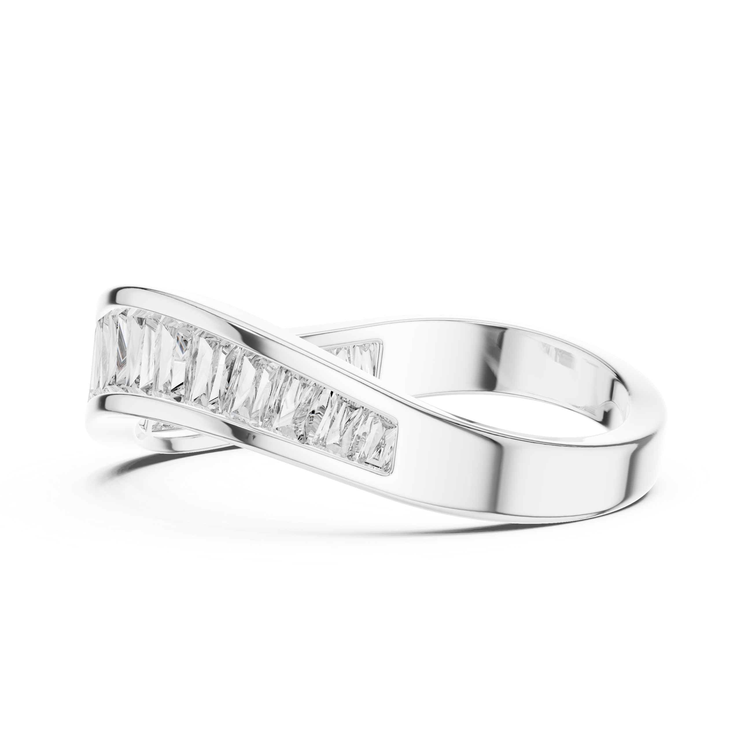 Silver ring with baguette-cut diamonds on a white background