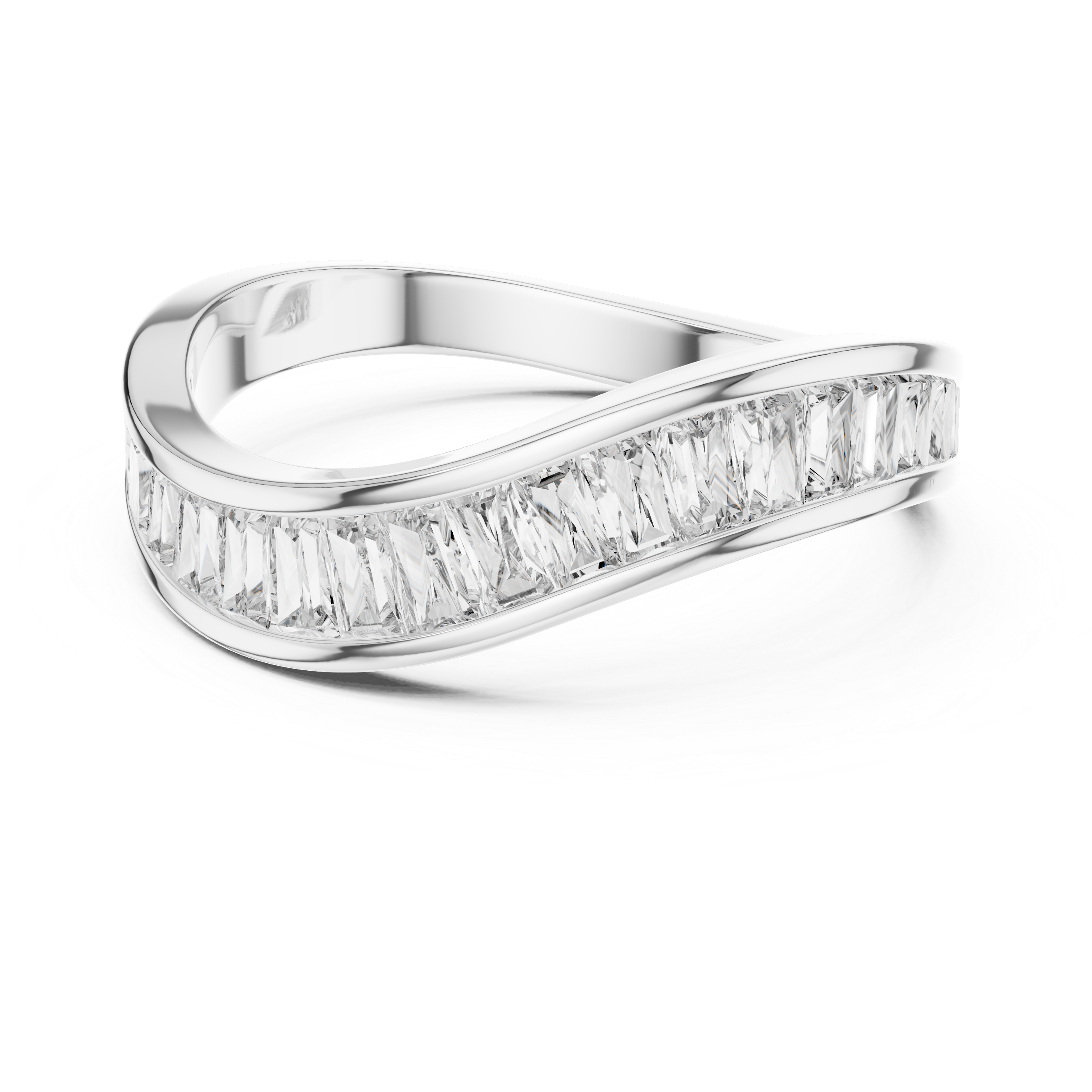 Silver ring with baguette-cut diamonds on a white background