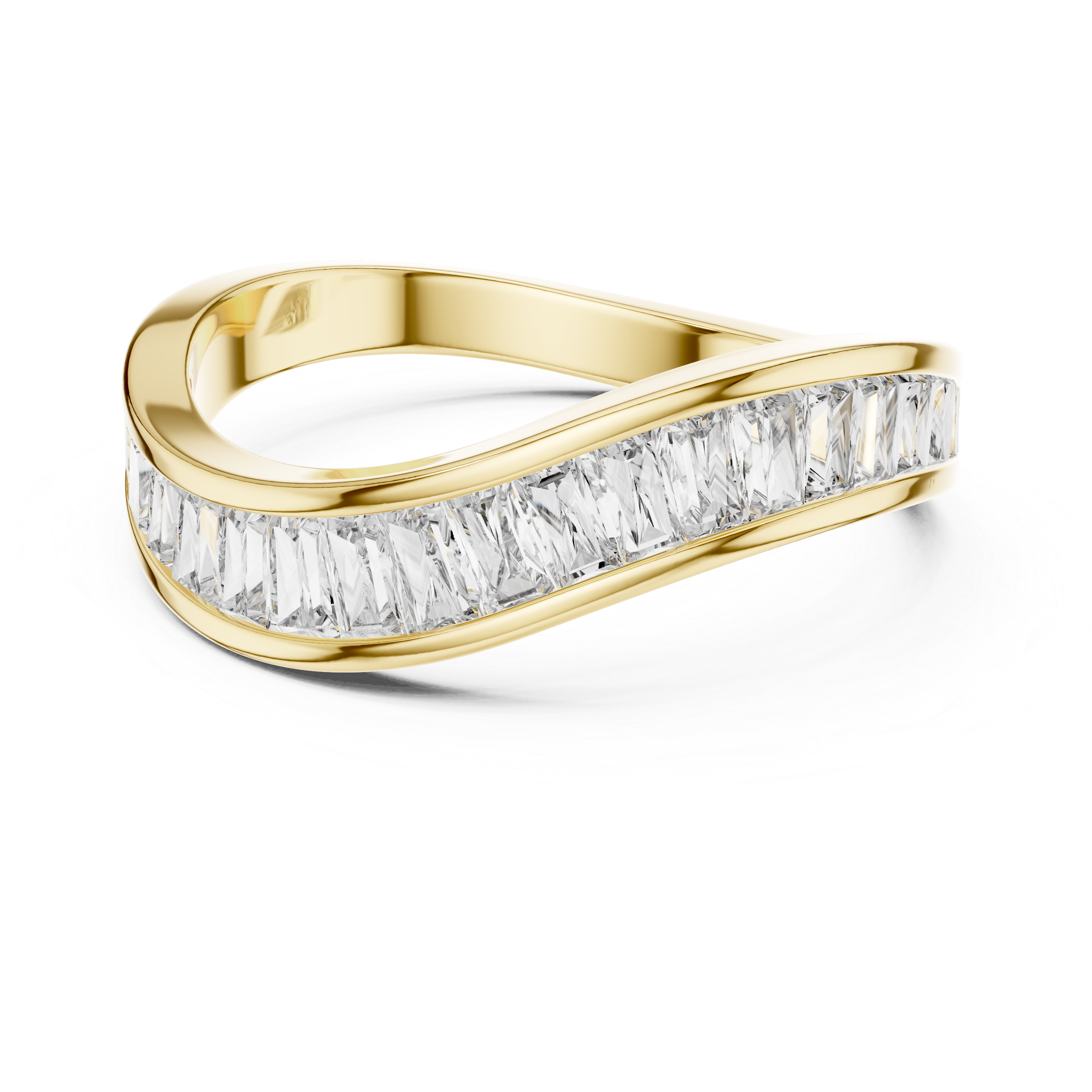 Gold ring with baguette-cut diamonds on a white background