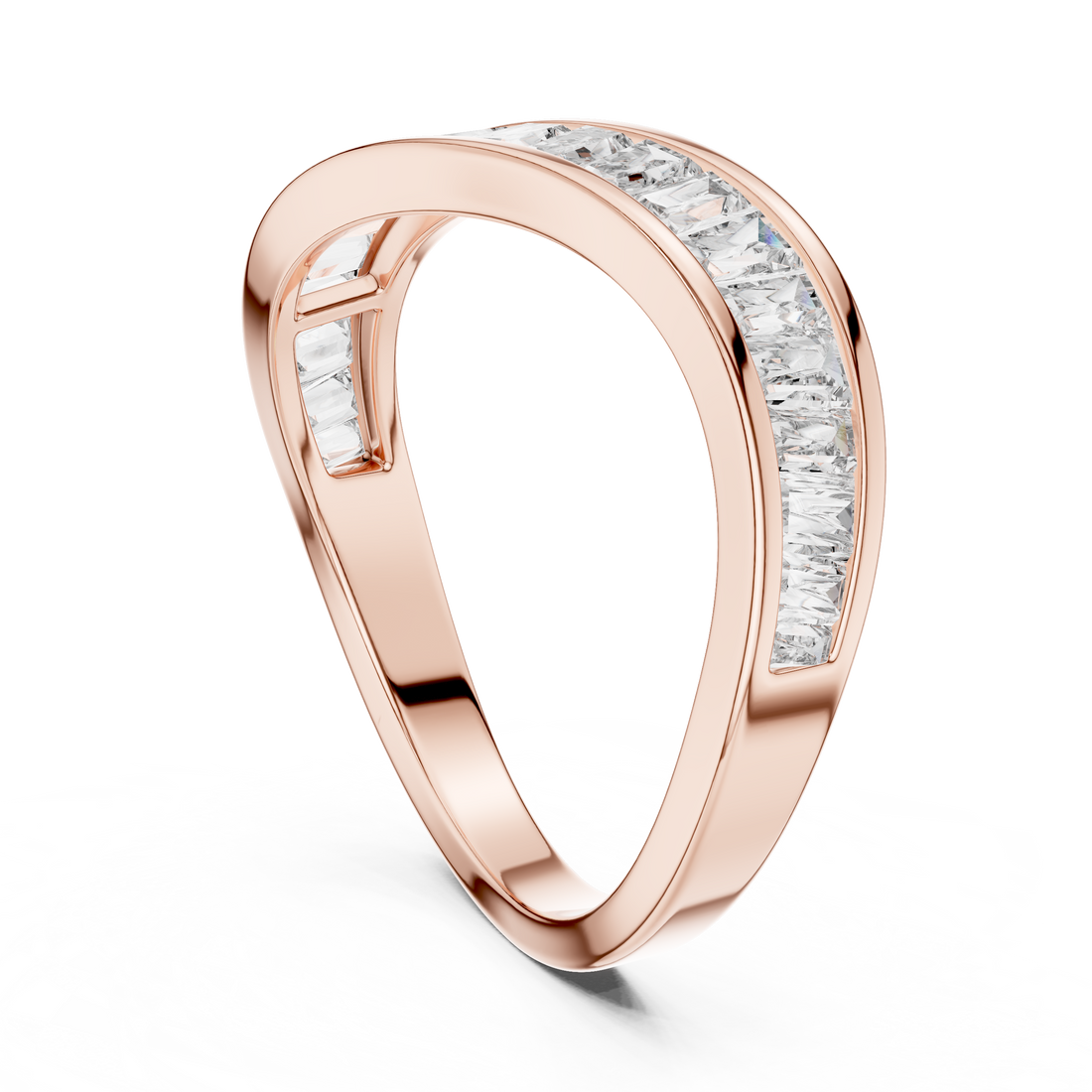 Rose gold ring with diamond accents on a white background