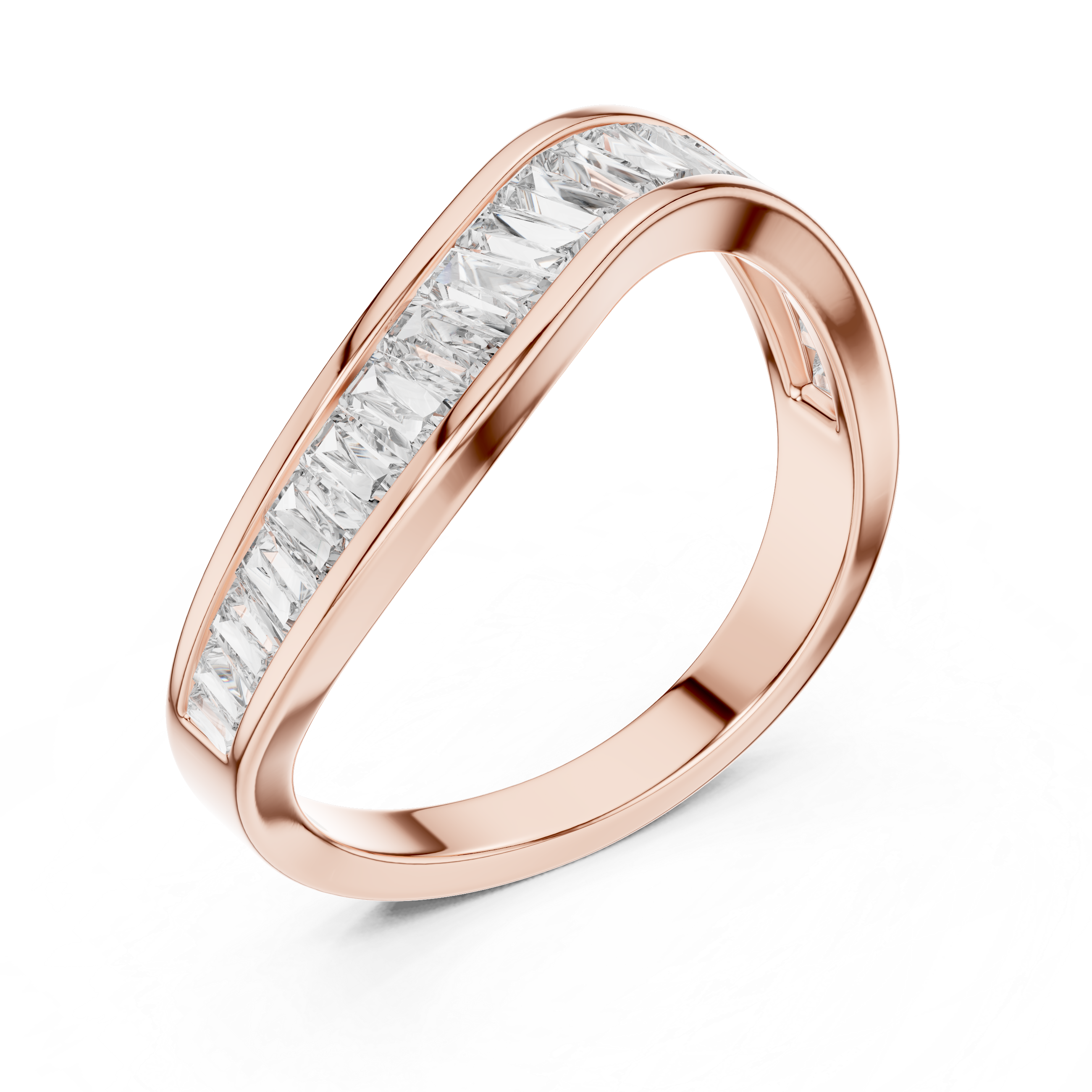 Rose gold ring with diamond accents on a white background