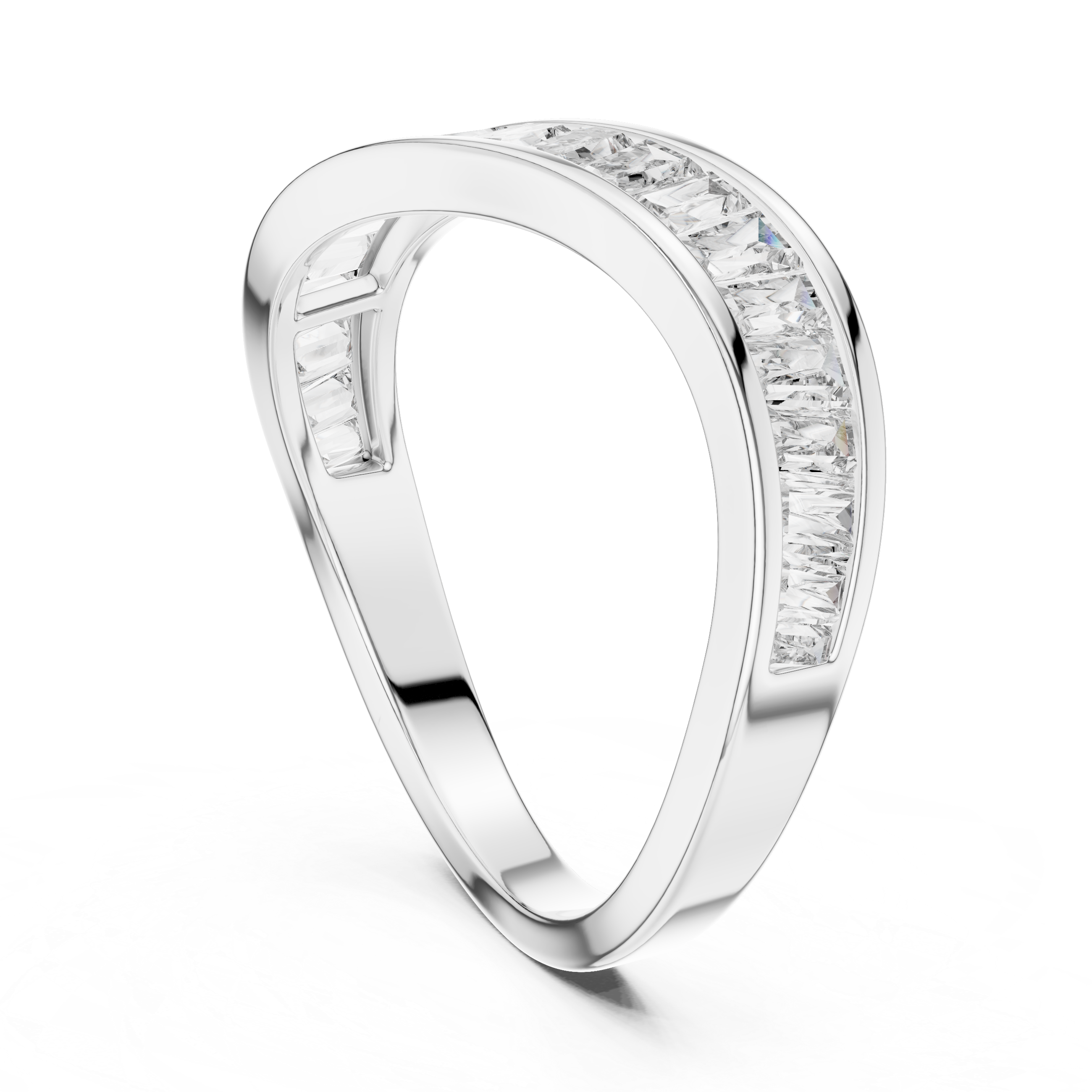 Silver ring with diamond accents on a white background