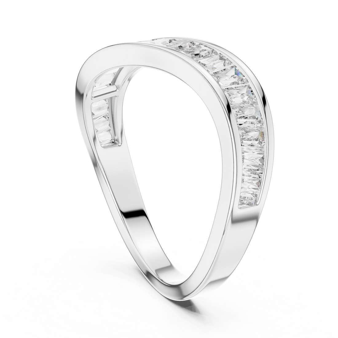 Silver ring with diamond accents on a white background