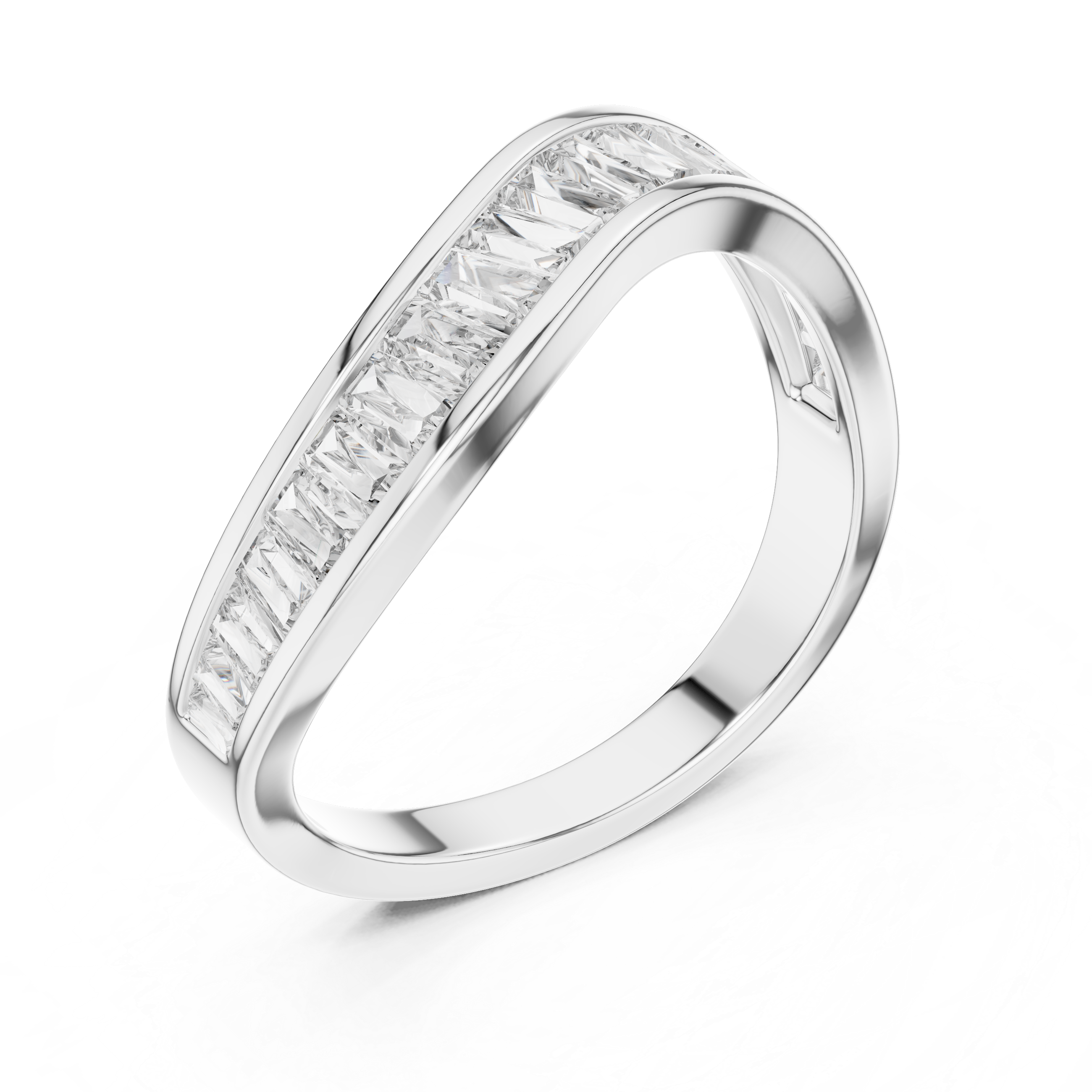 Silver ring with baguette-cut diamonds on a white background