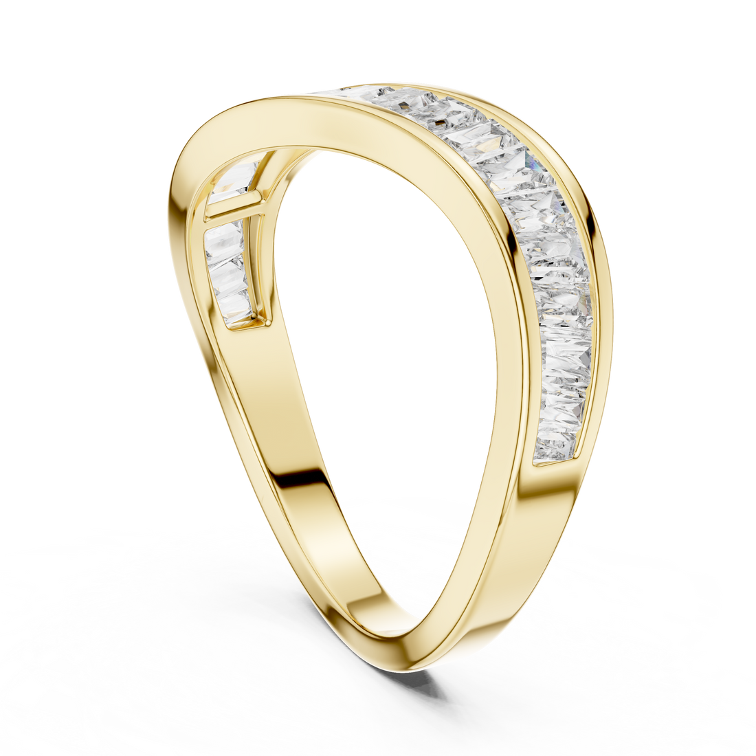 Gold ring with diamond accents on a white background