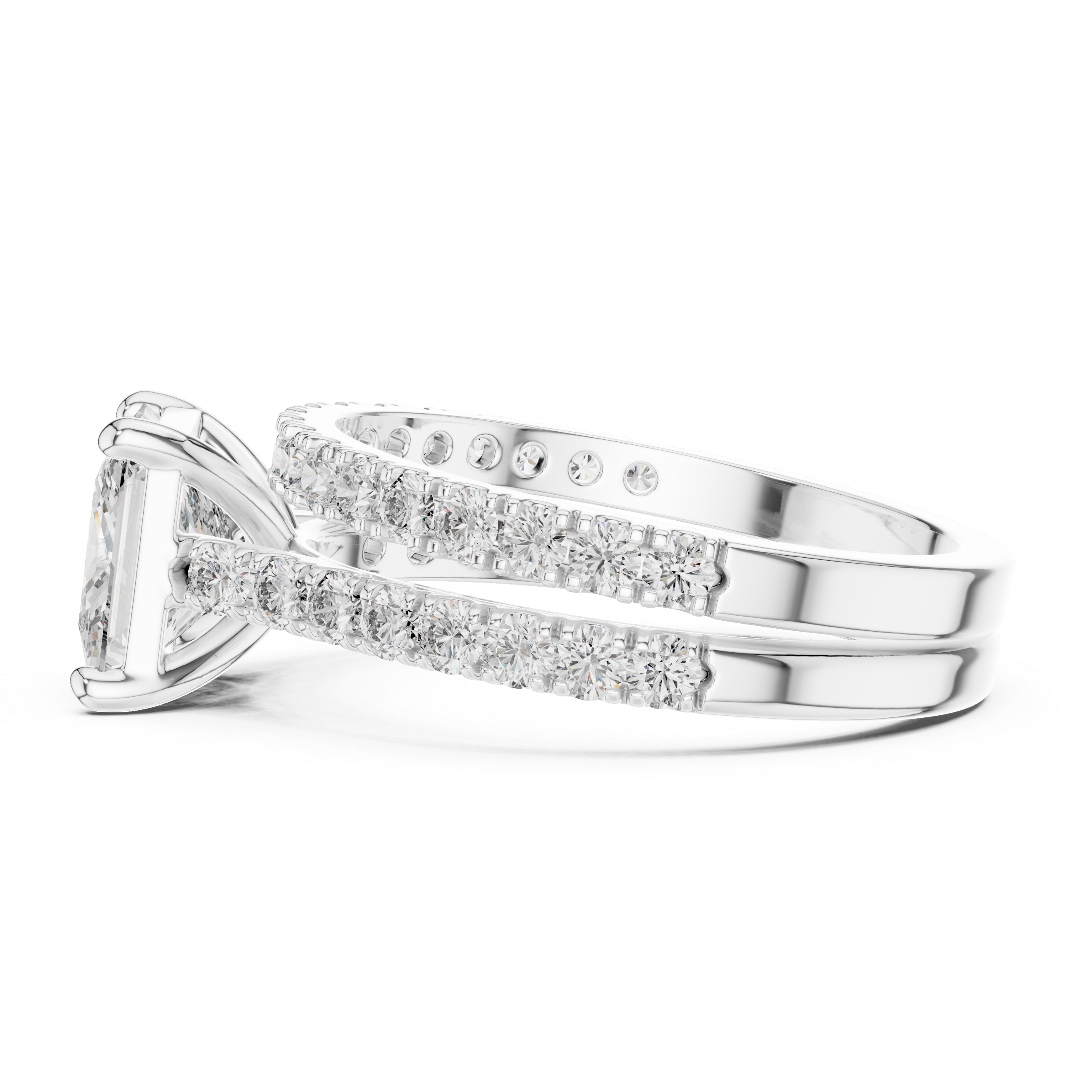 Silver ring with diamond accents on a white background