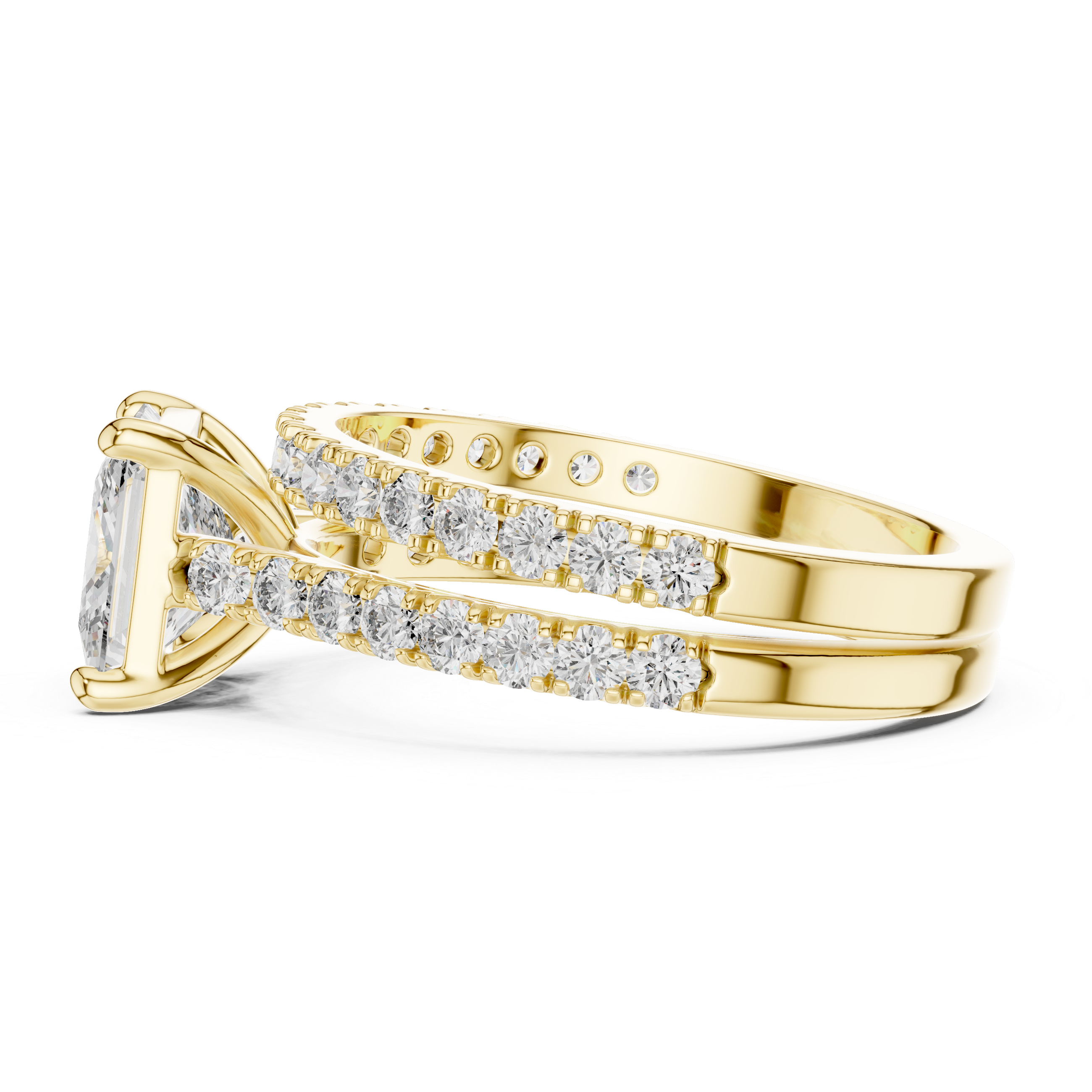 Gold ring with diamond accents on a white background