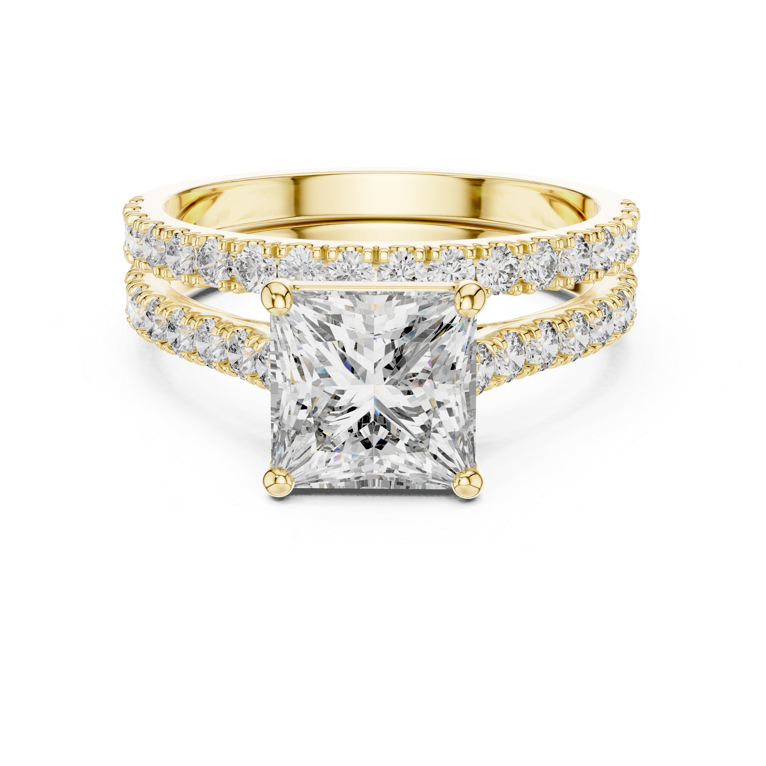Gold ring with a large diamond and smaller diamonds on the band against a white background
