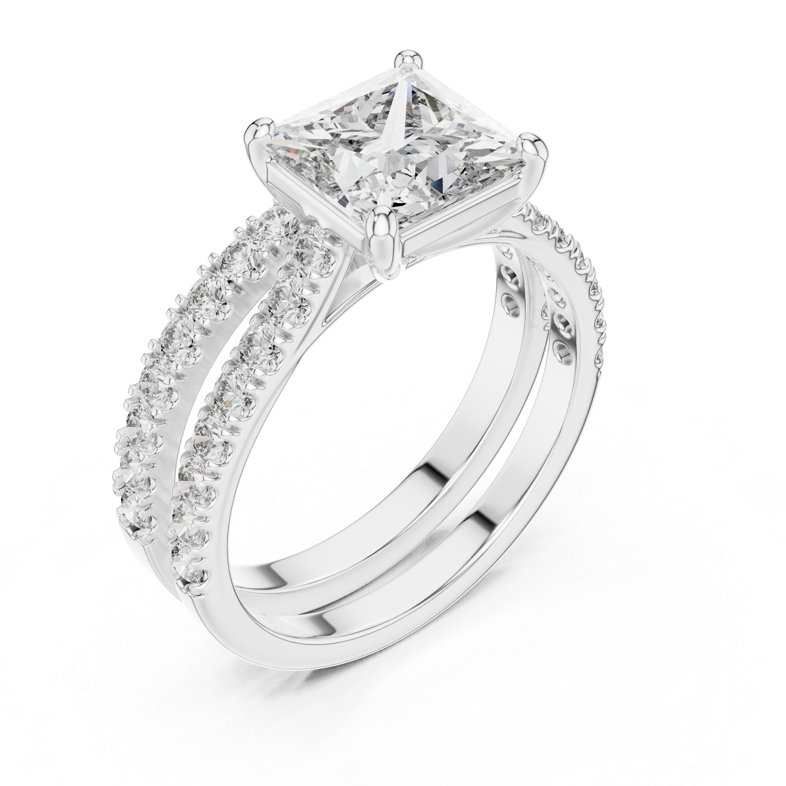 Diamond ring with a princess-cut center stone on a white background