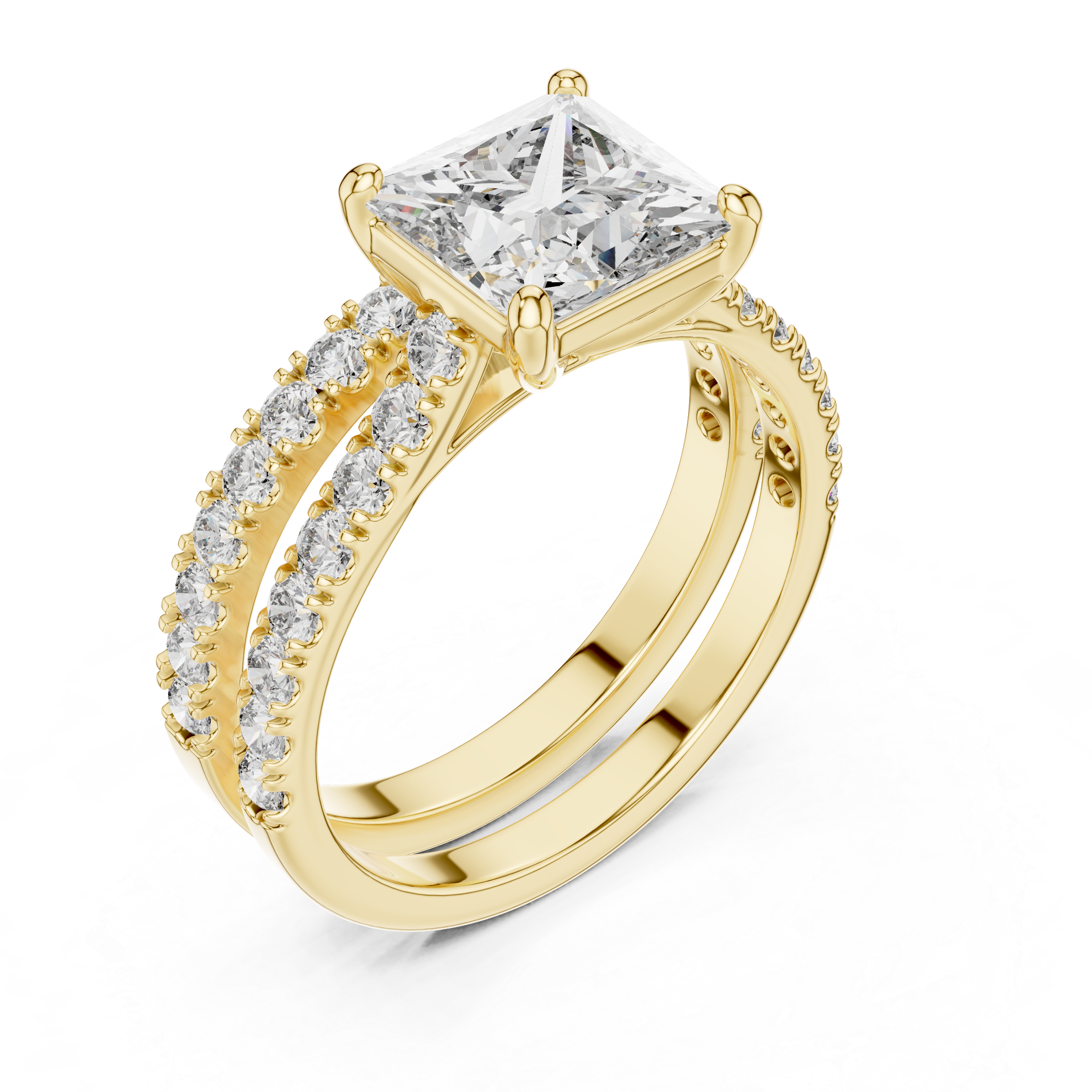 Gold ring with a large diamond and smaller diamonds on the band against a white background