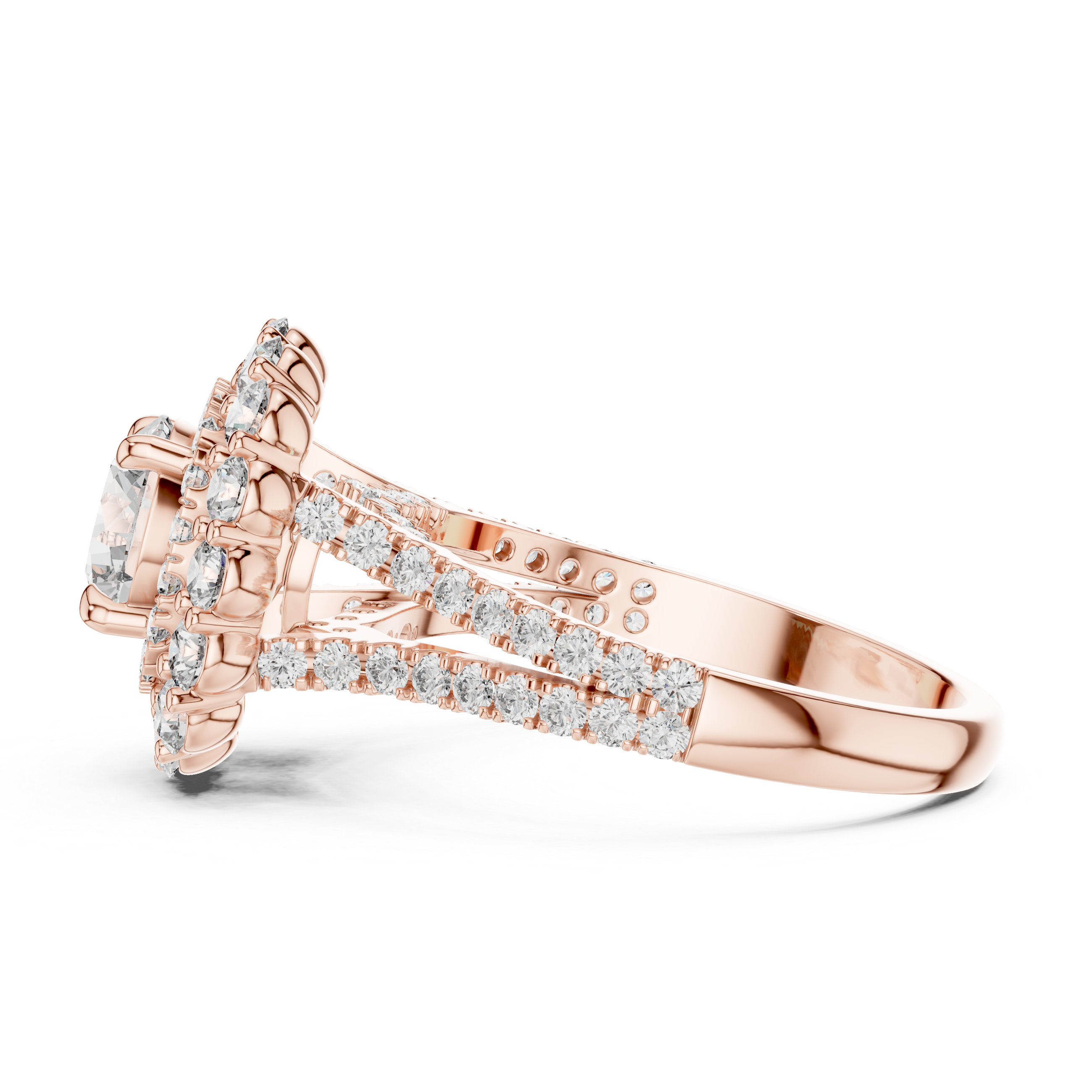 Rose gold ring with diamond accents on a white background