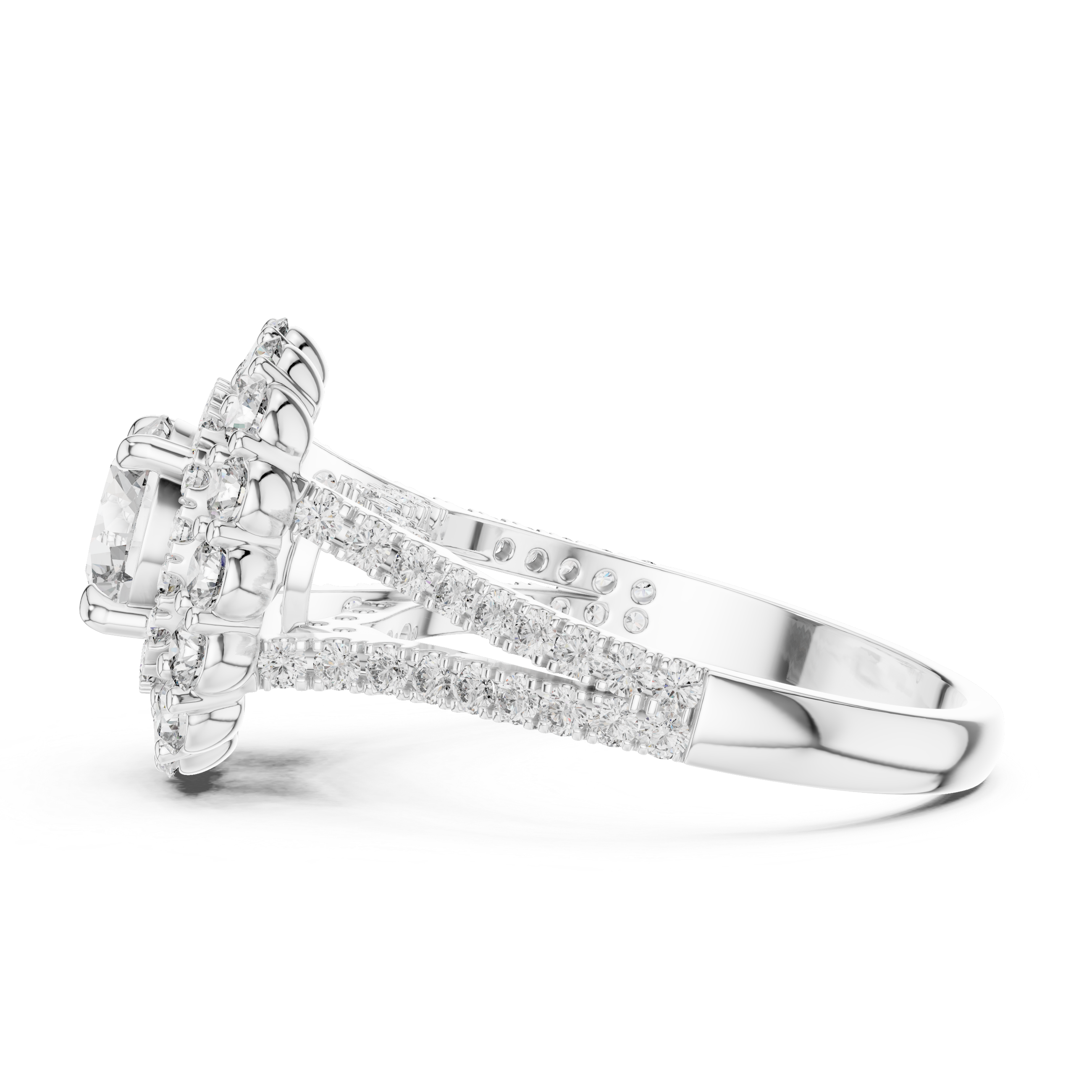 Silver ring with diamond accents on a white background