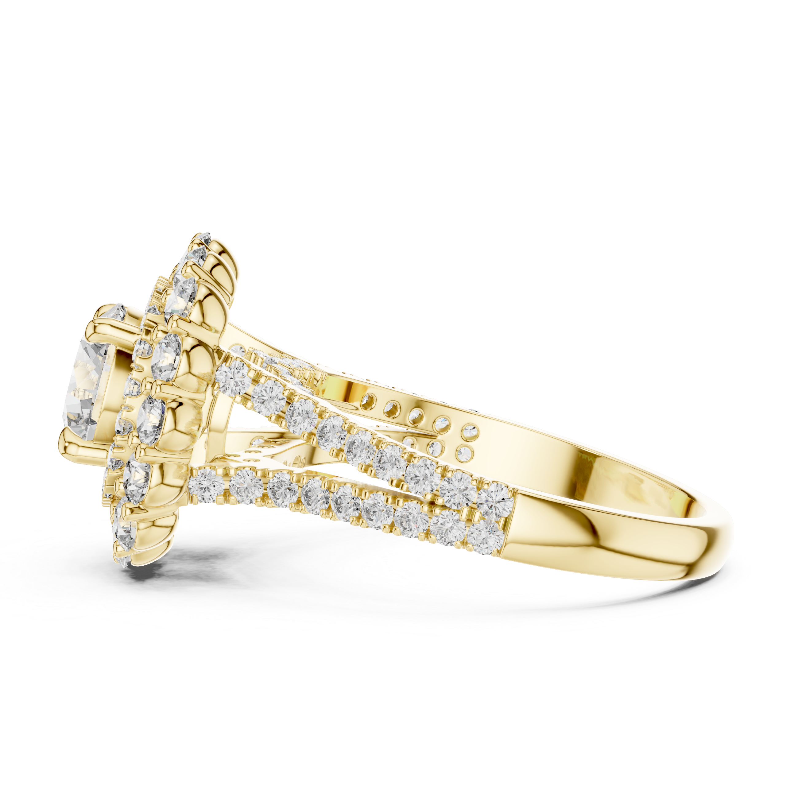 Gold ring with diamond accents on a white background