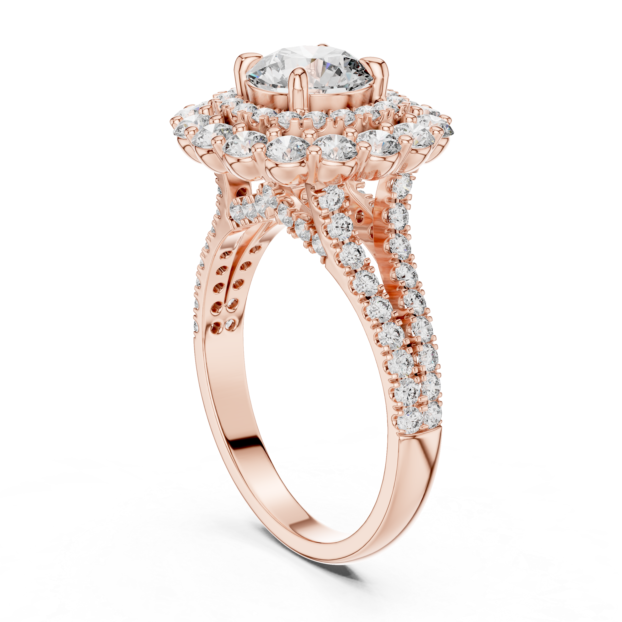 Rose gold ring with diamond accents on a white background