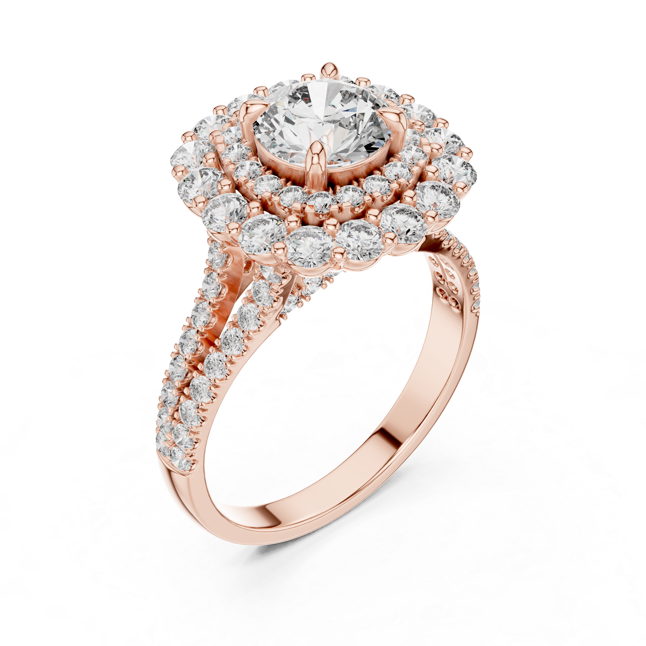 Rose gold ring with diamond accents on a white background