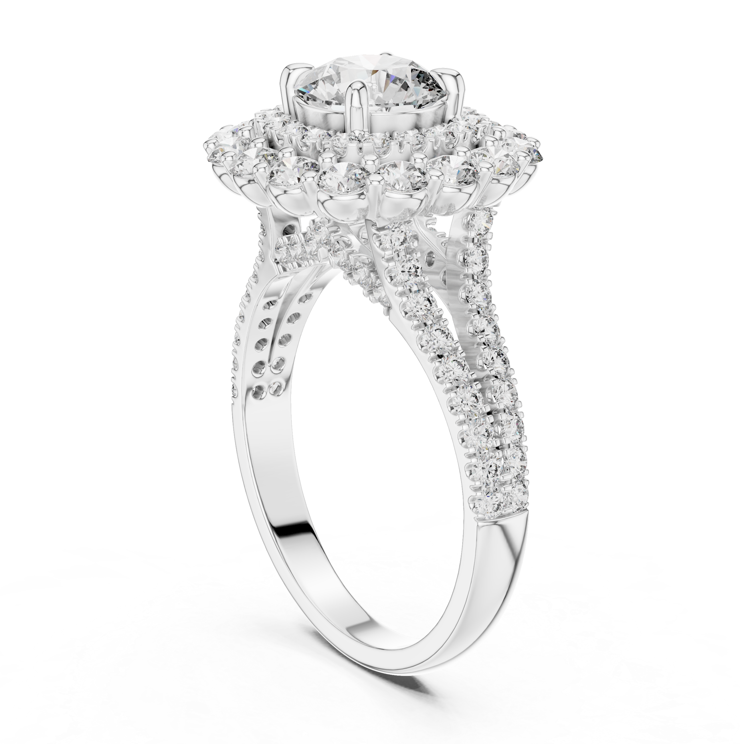 Diamond ring with a white gold band on a white background