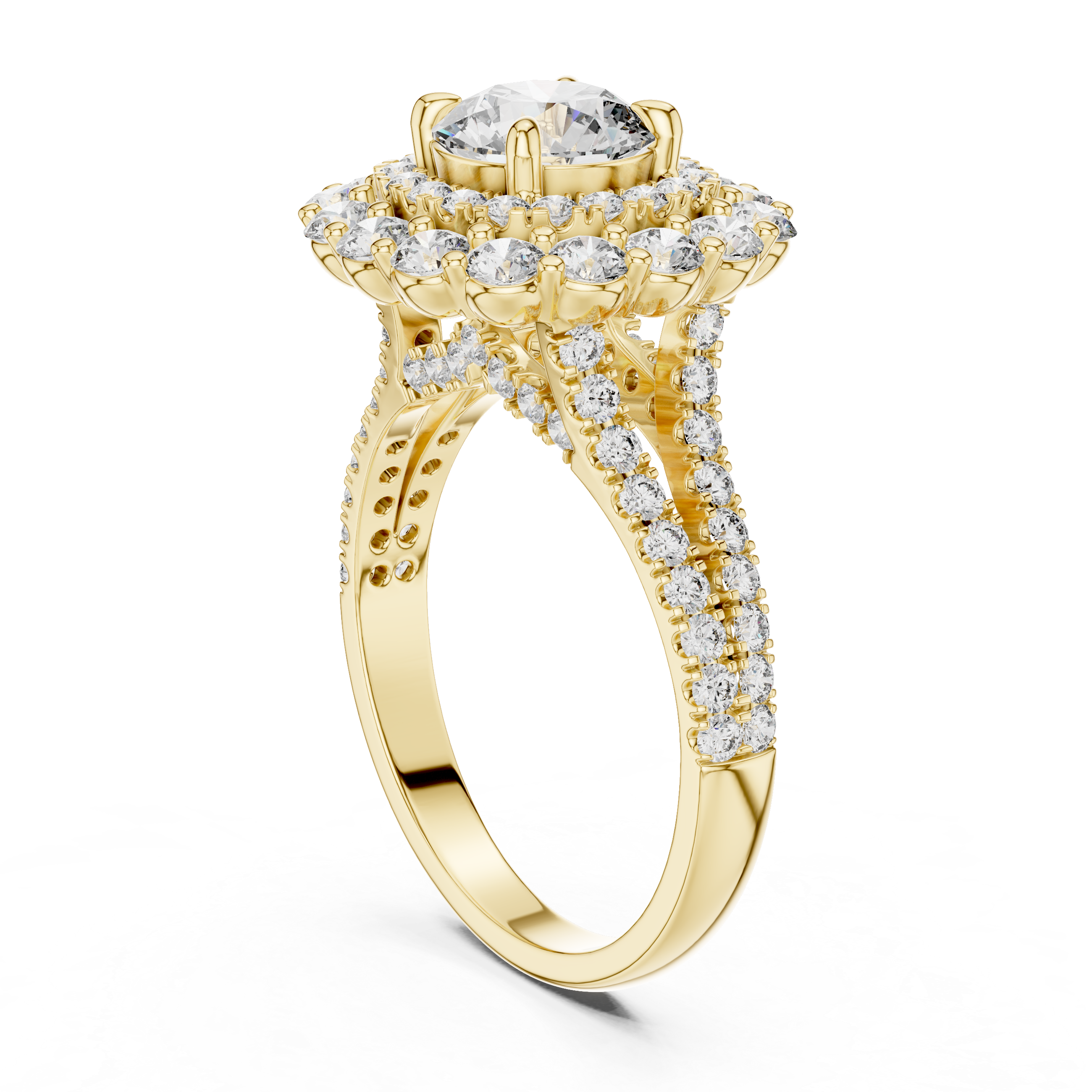 Gold ring with a diamond on a white background