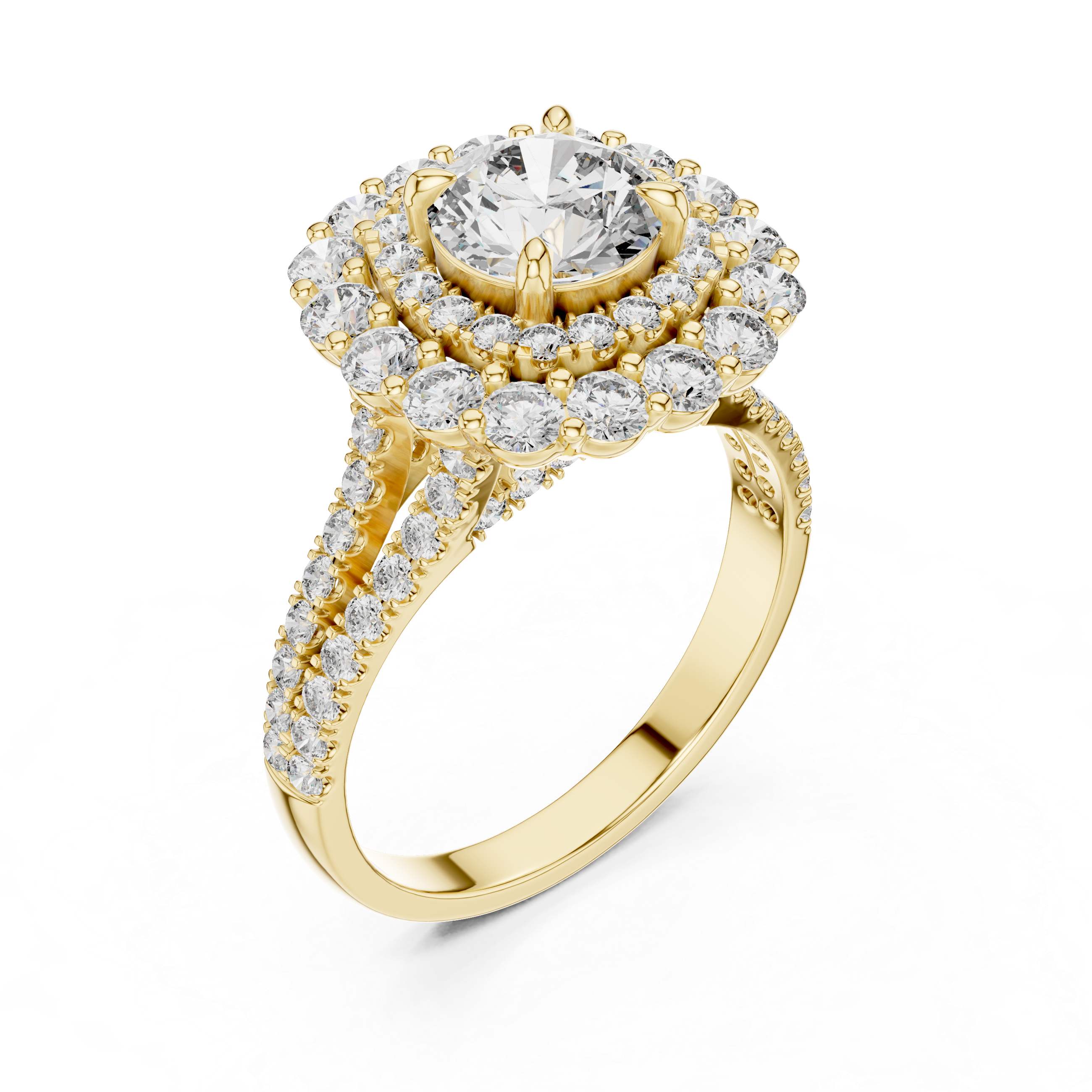 Gold ring with a large central diamond and smaller diamonds around on a white background