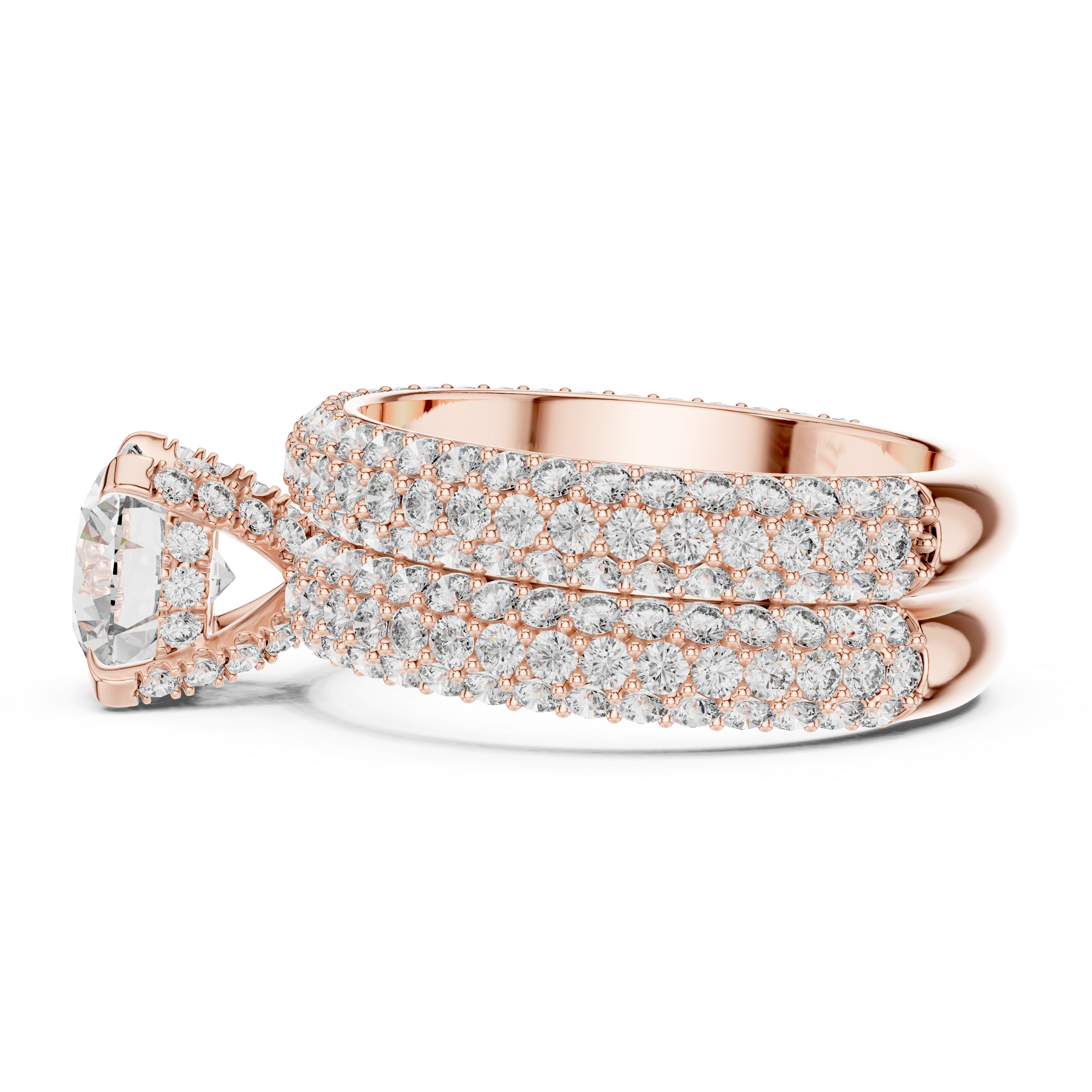 Rose gold ring with diamond accents on a white background