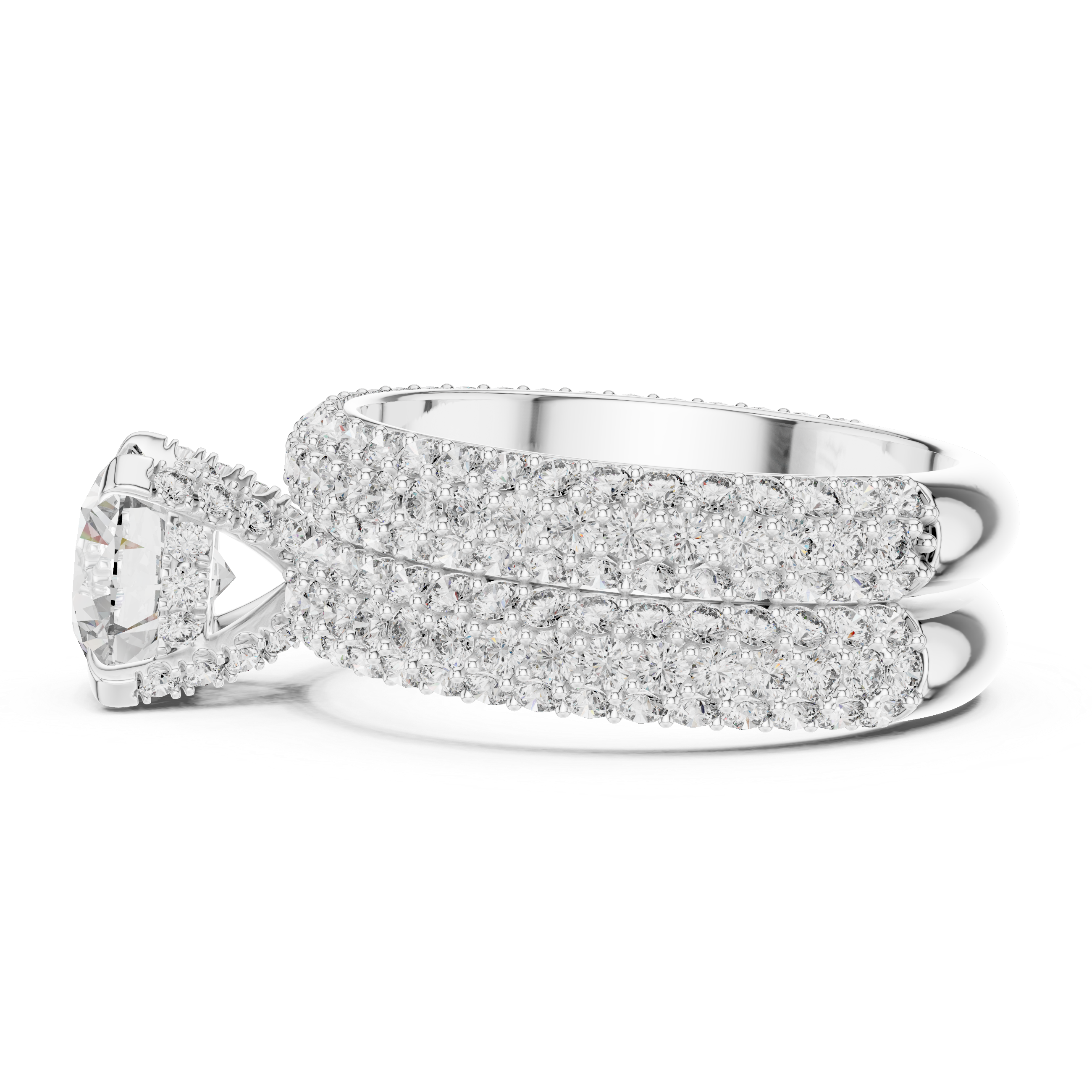 Silver ring with diamond accents on a white background