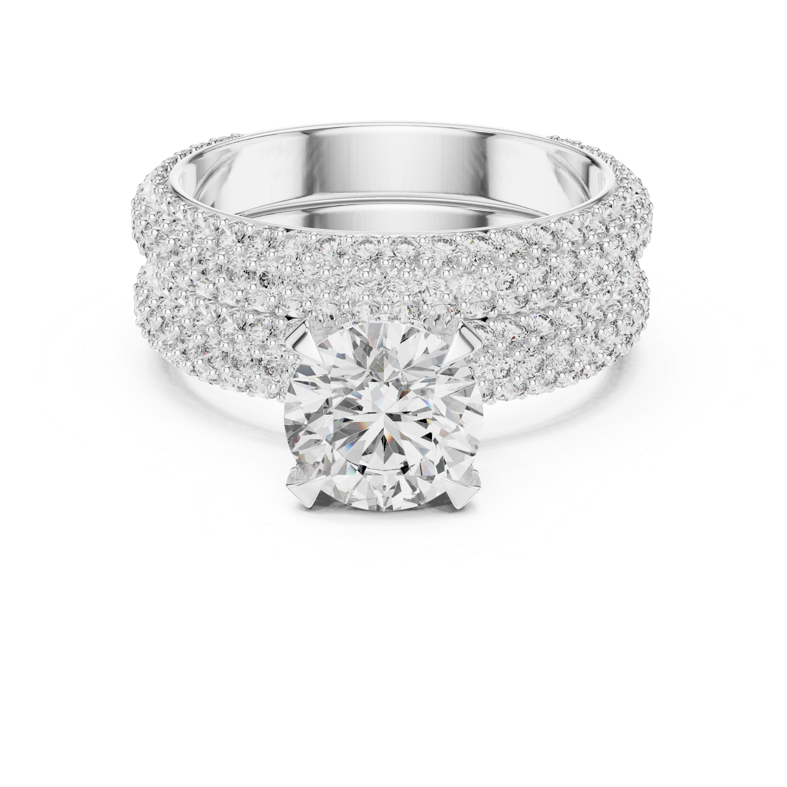 Silver ring with a large diamond and smaller diamonds on the band against a white background