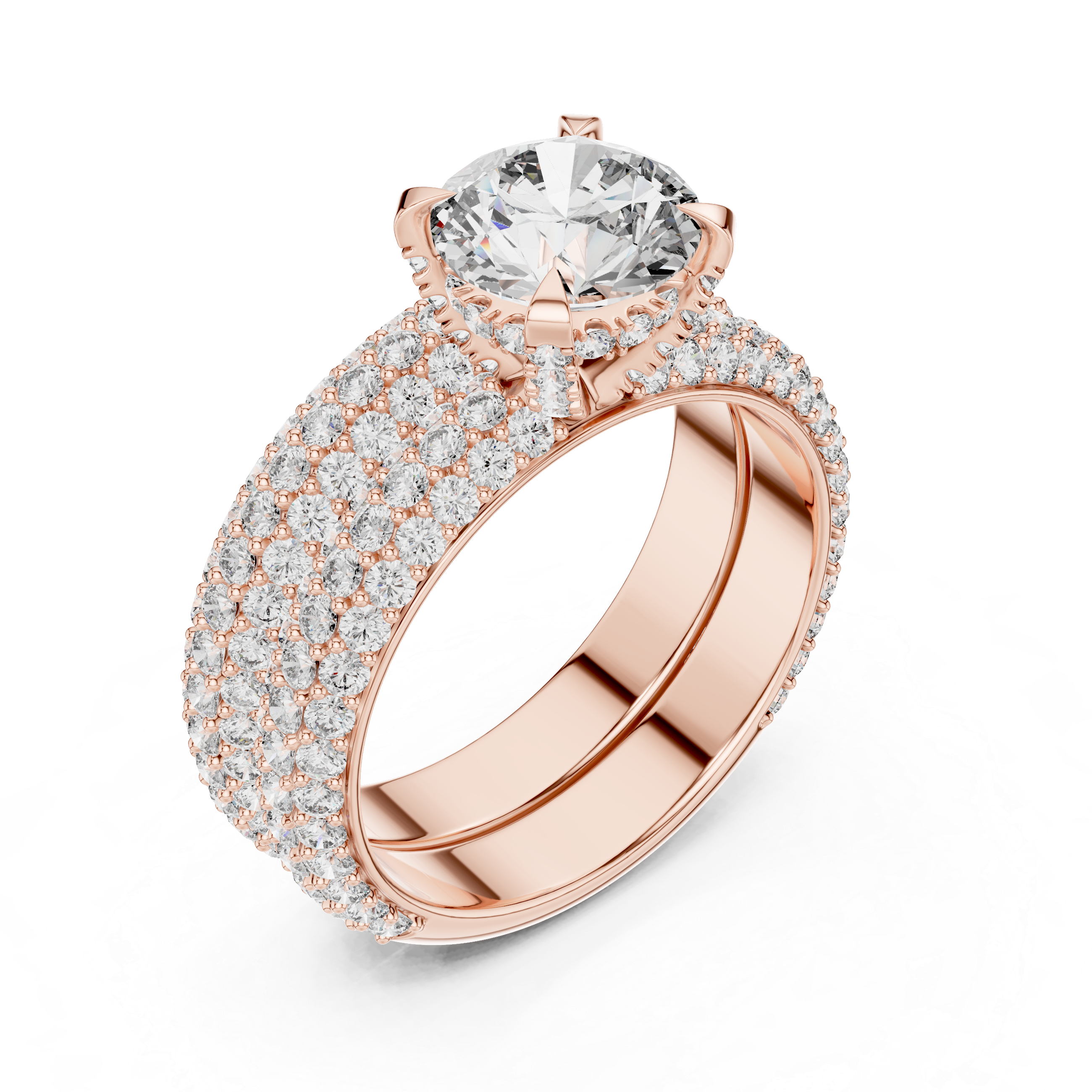 Rose gold ring with a large diamond and smaller diamonds on a white background