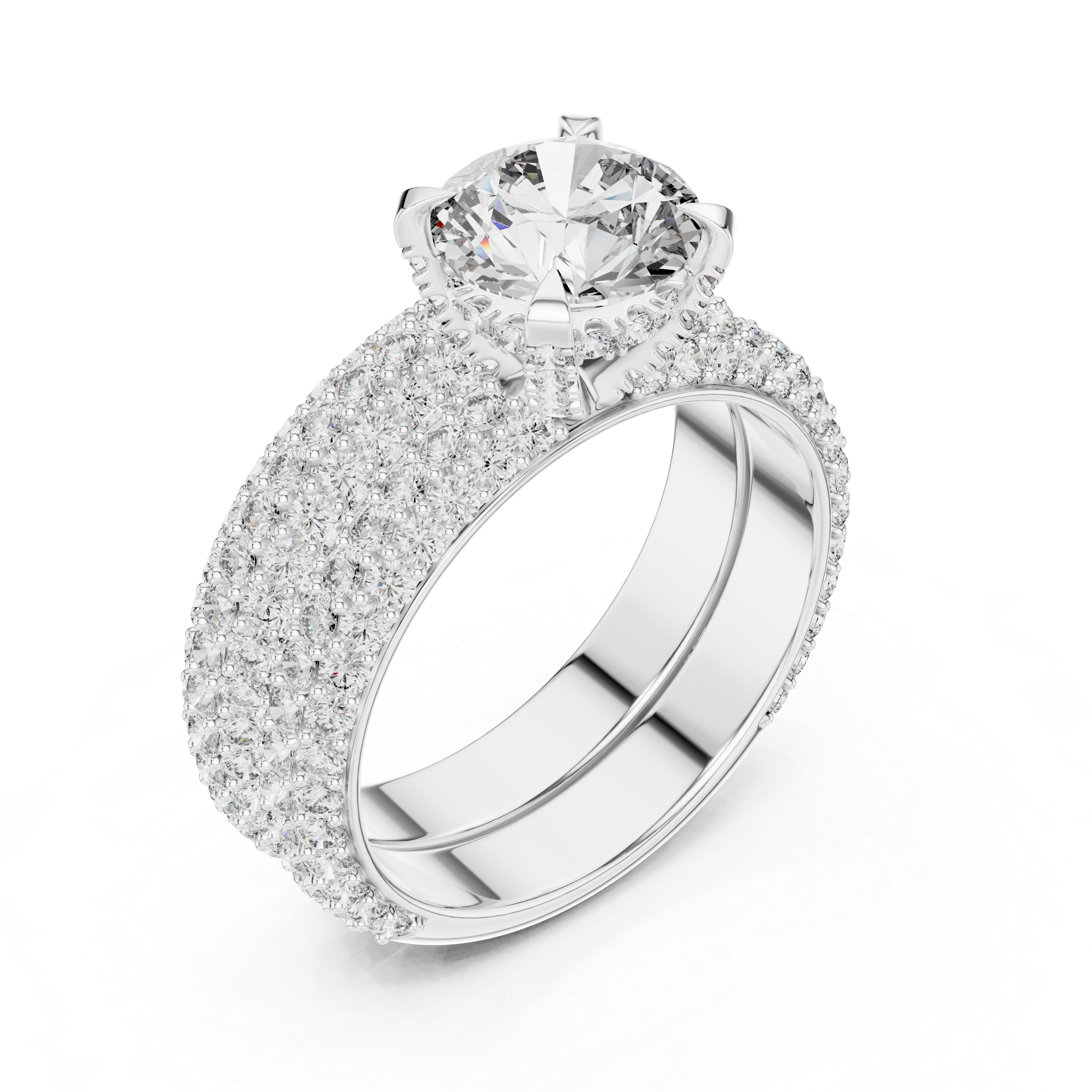 Diamond ring with a white gold band on a white background