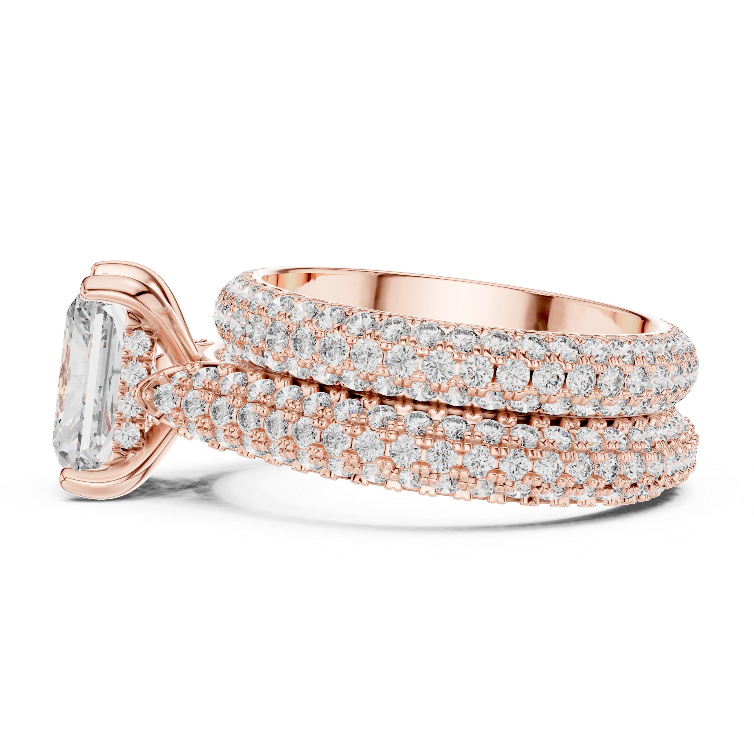 Rose gold ring with diamond accents on a white background