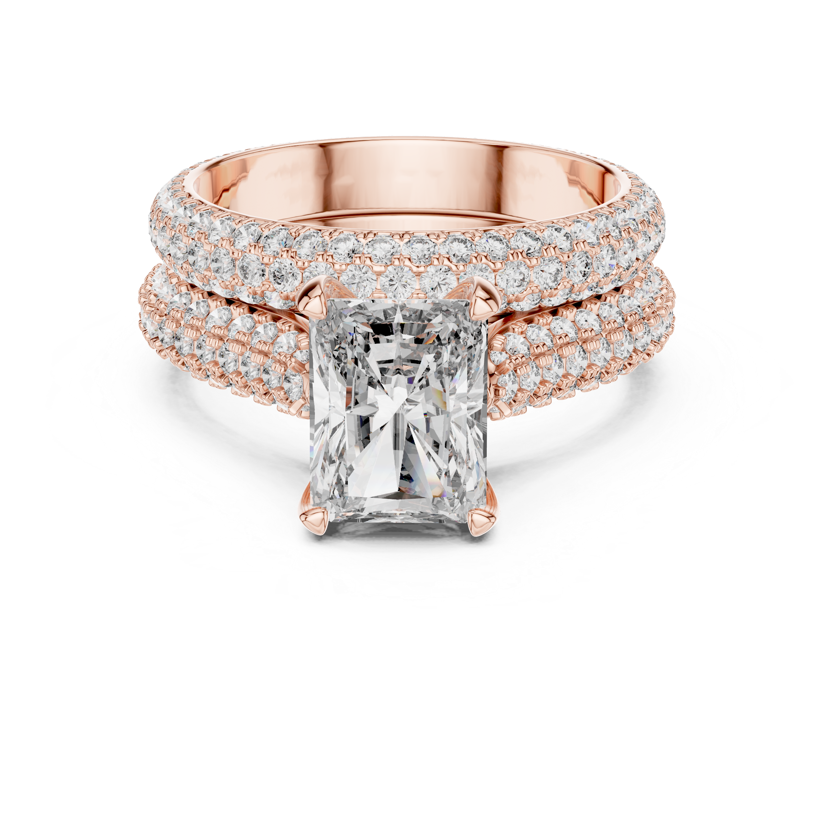 Rose gold ring with a large diamond and smaller diamonds on the band against a white background