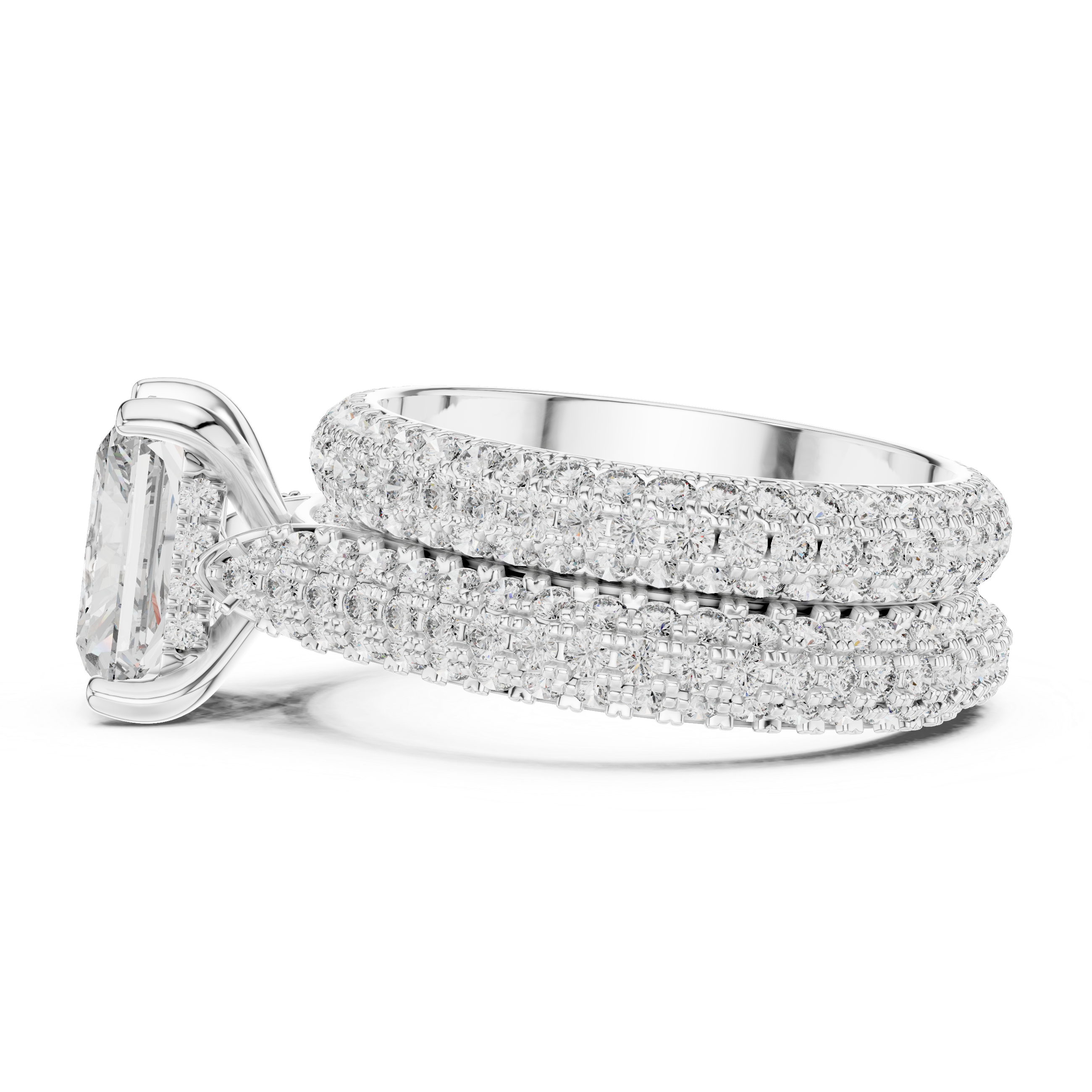 Silver ring with diamond accents on a white background