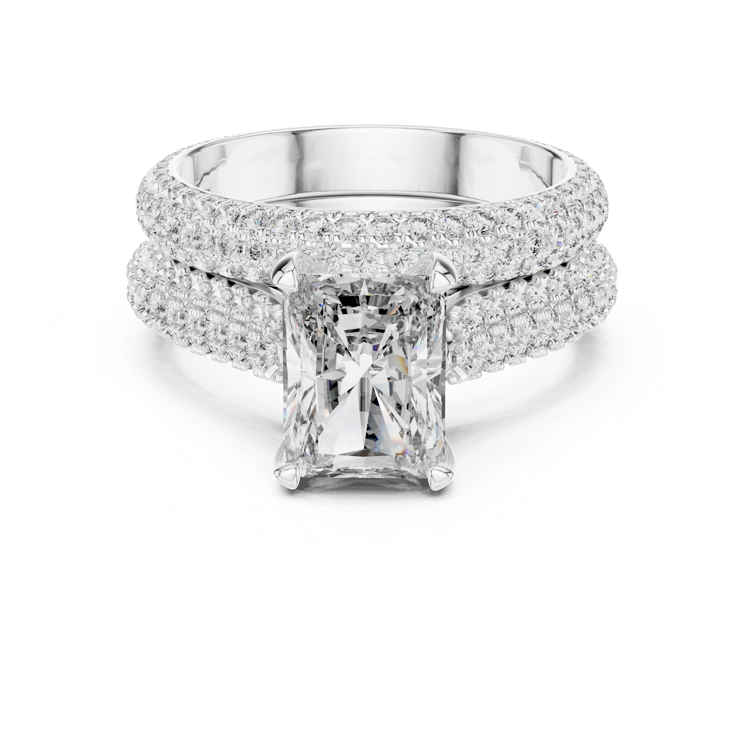 Diamond ring with a large central gemstone and smaller stones on a white background