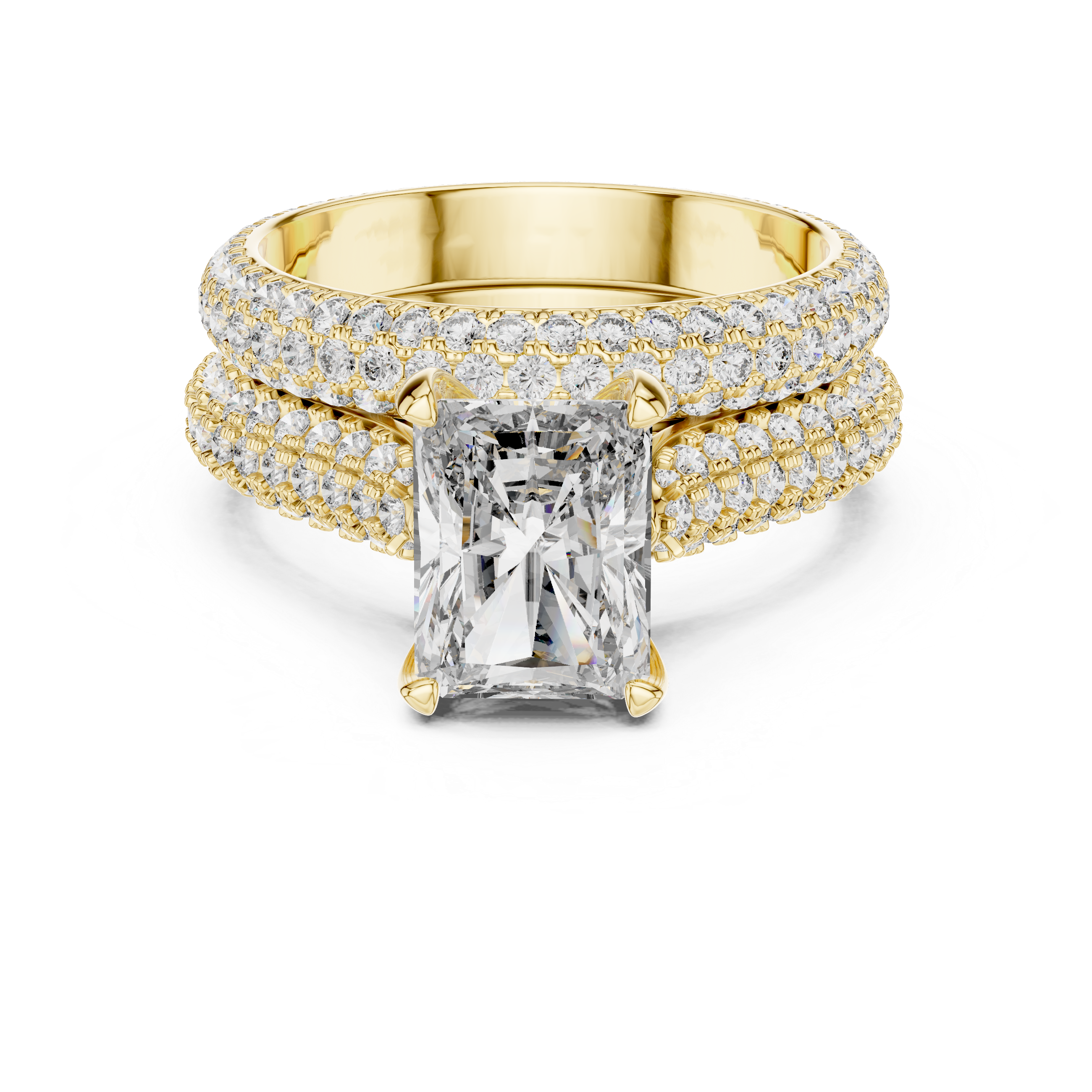 Gold ring with a large diamond and smaller diamonds on the band against a white background