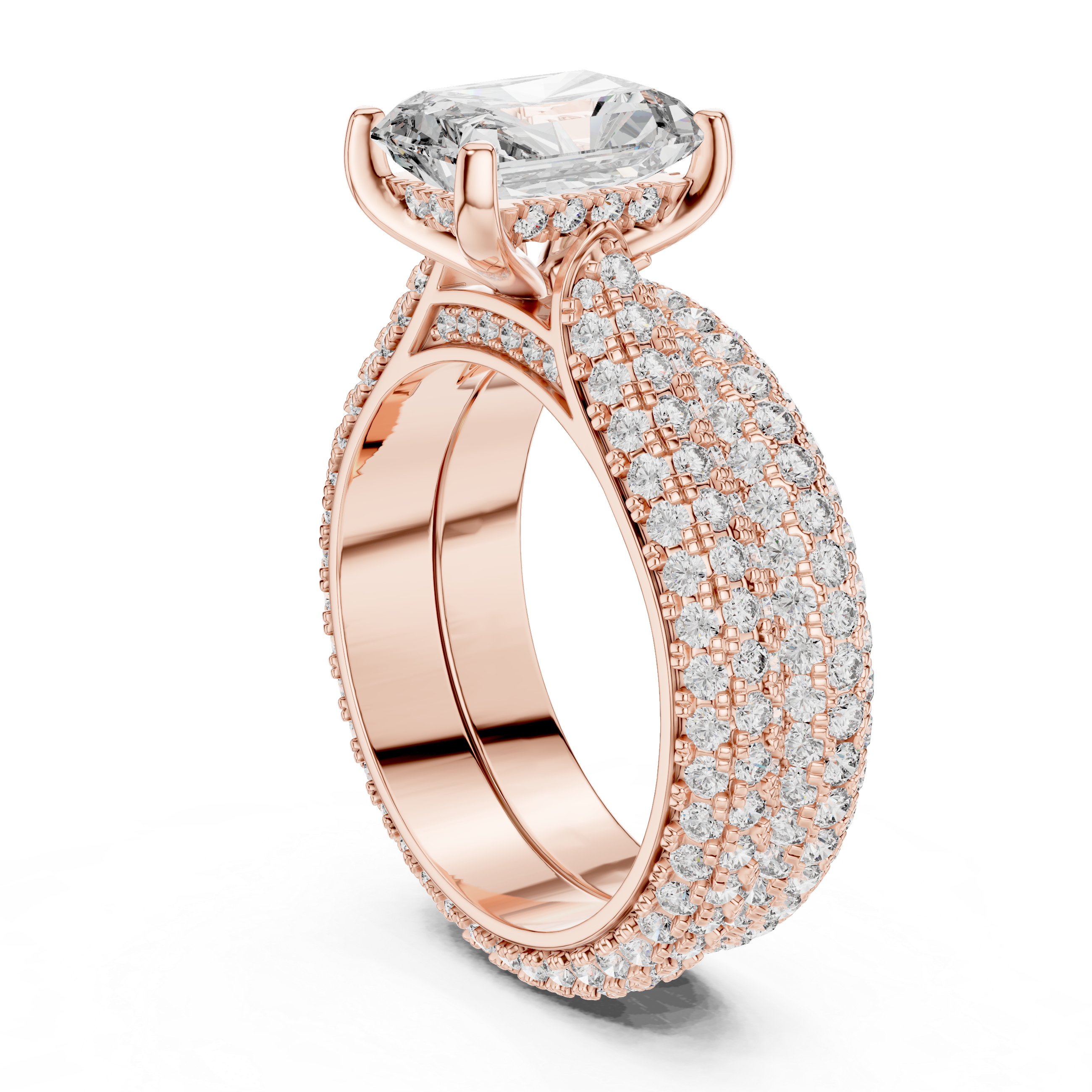 Rose gold ring with diamond accents on a white background