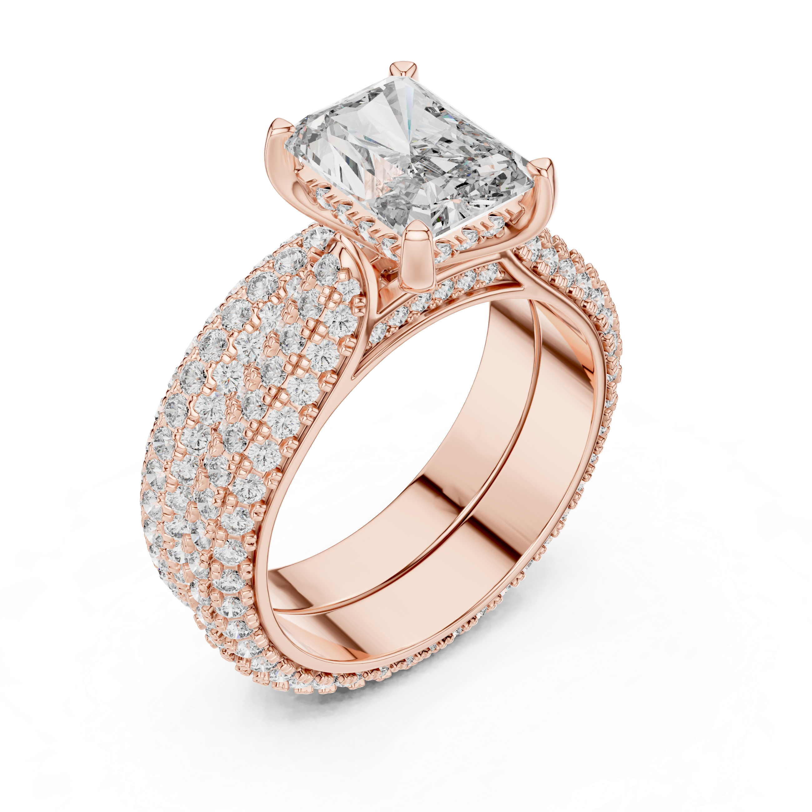 Rose gold ring with a large diamond and smaller diamonds on the band against a white background