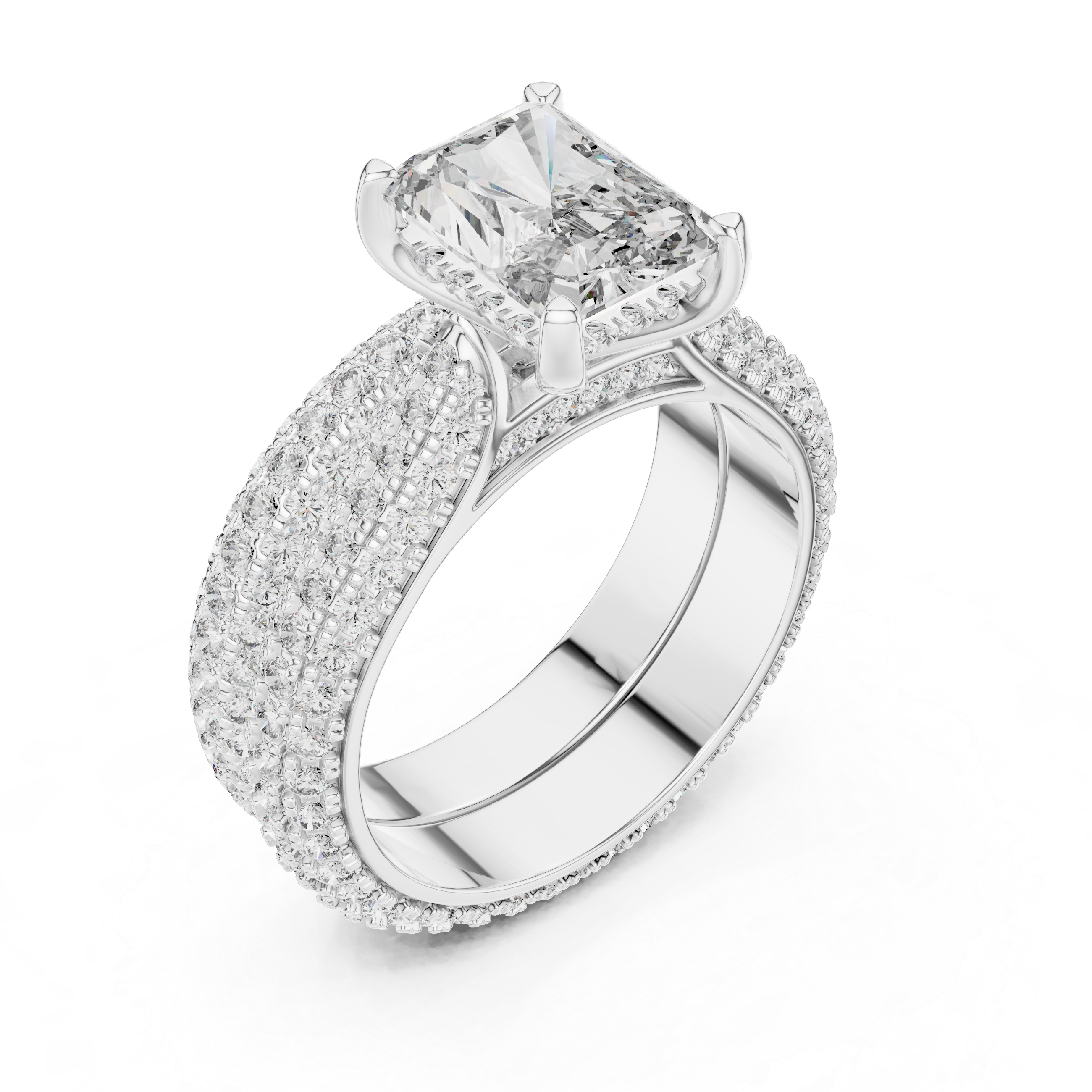 Diamond ring with a prominent central gemstone on a white background