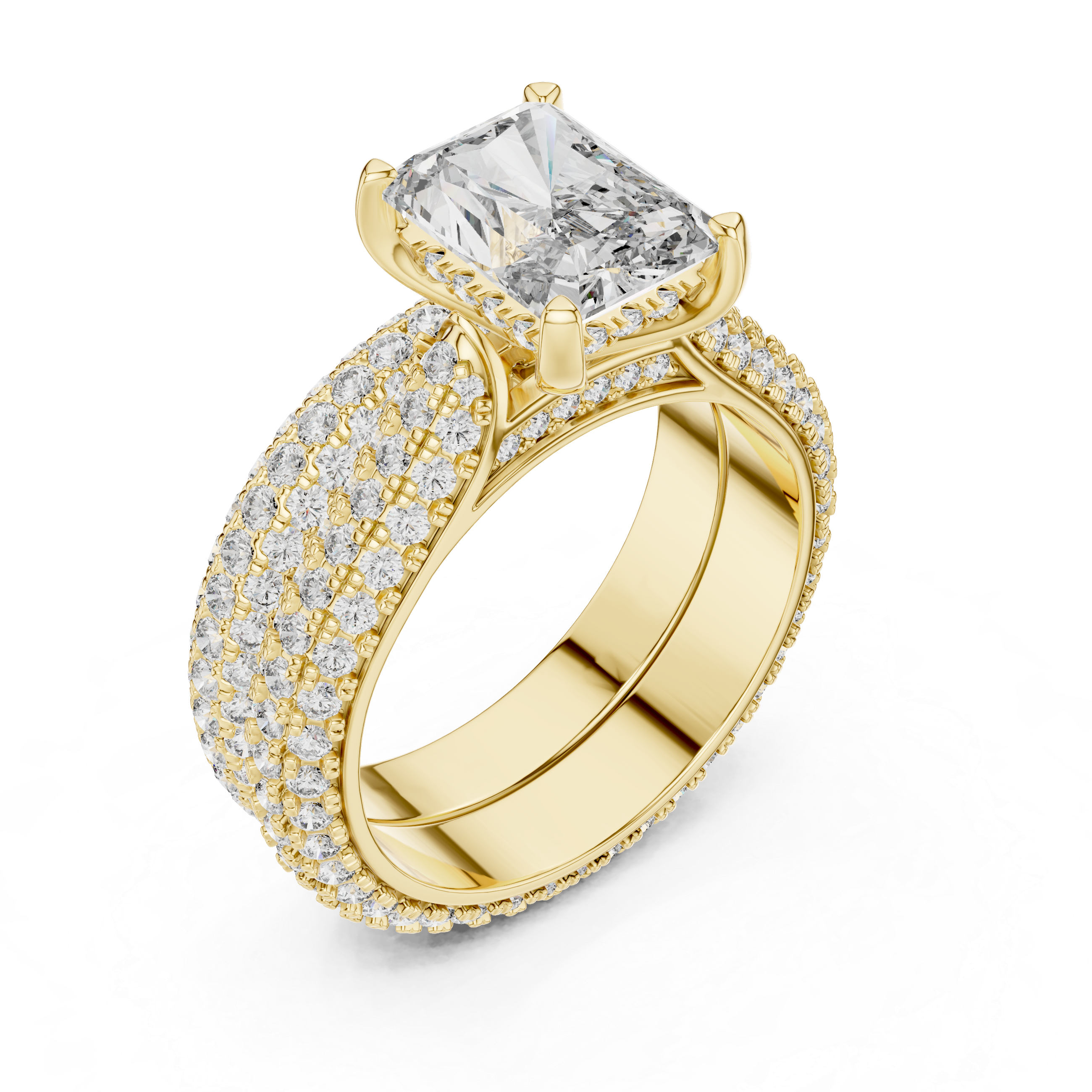 Gold ring with a large diamond and smaller diamonds on the band against a white background
