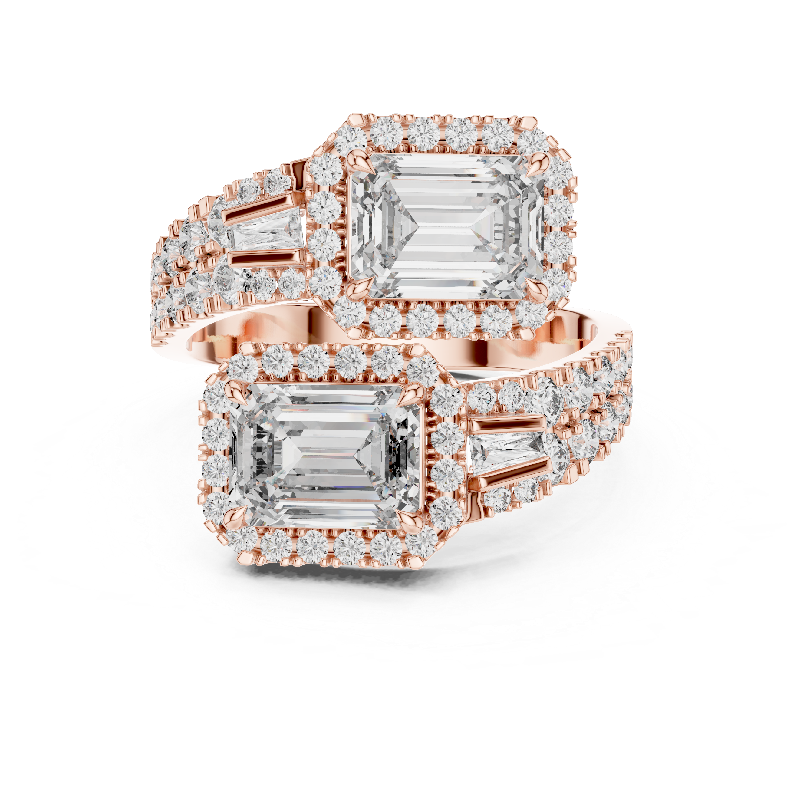 Rose gold ring with emerald-cut center stone and diamond accents on a white background