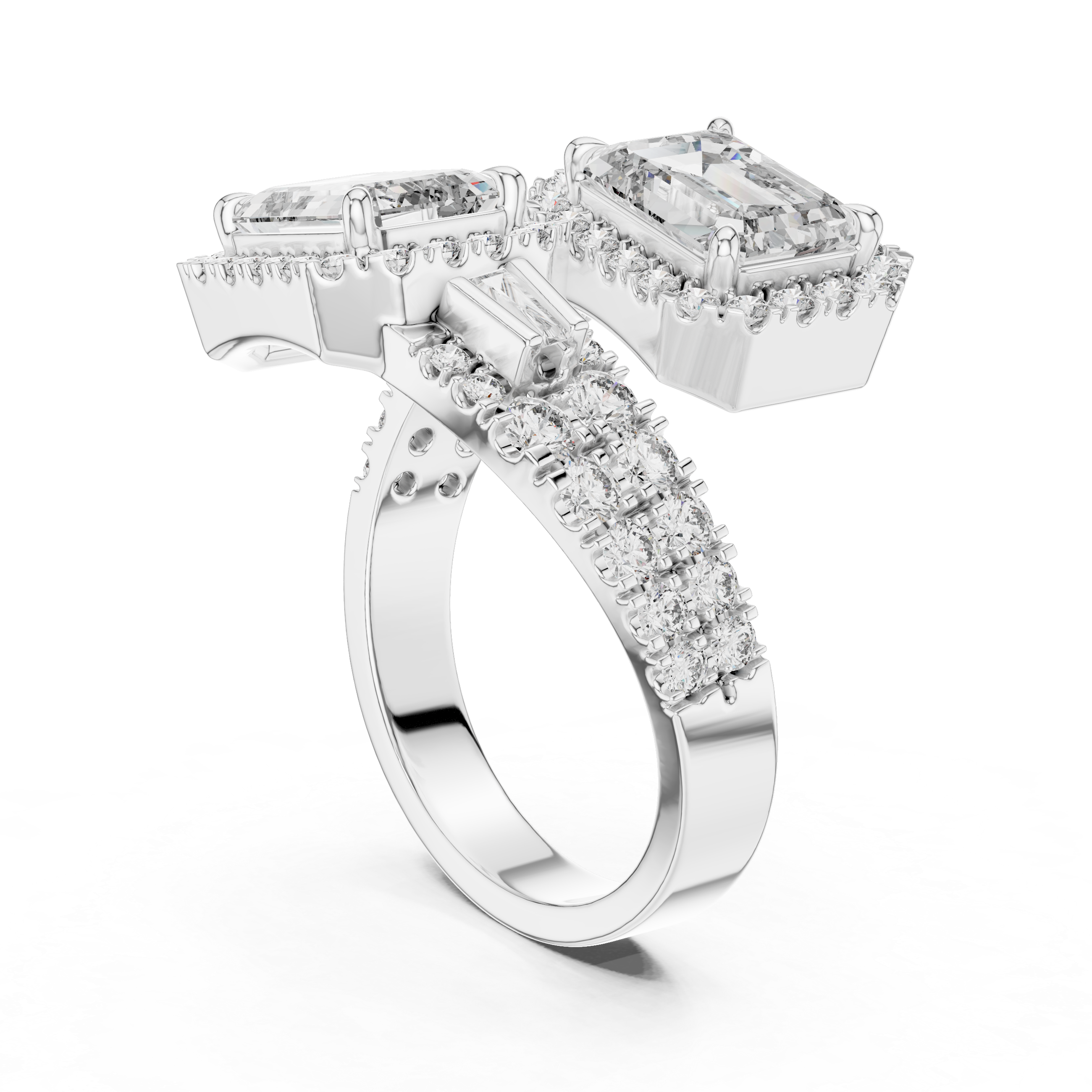 Diamond ring with rectangular and round stones on a white background