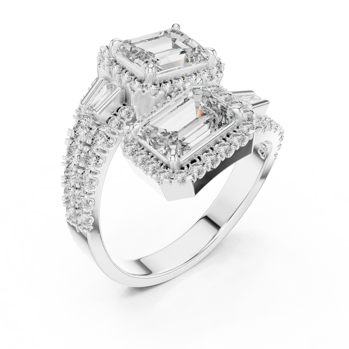 Twin 1-Ct. Emerald Halo Bypass Diamond Ring in 14-KT White Gold